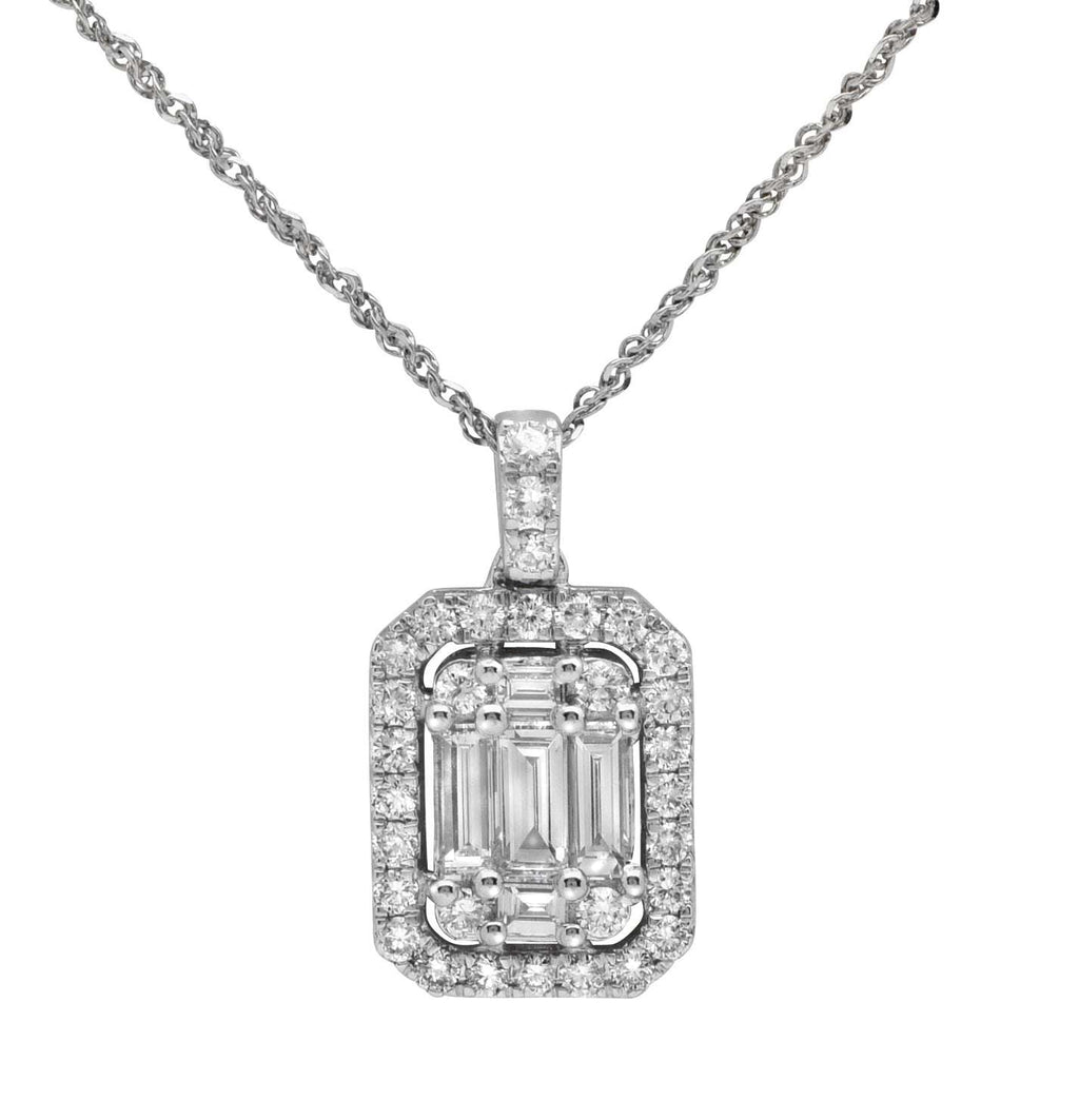Elegant White Gold Diamond and Baguette Necklace by Vivid Diamonds featuring a modern Art Deco design with a dazzling centerpiece of baguette-cut diamonds surrounded by round brilliant diamonds.