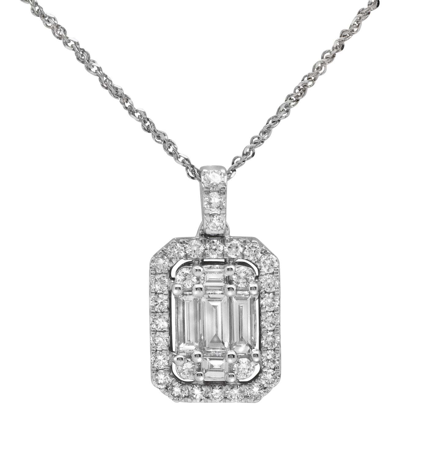 Elegant White Gold Diamond and Baguette Necklace by Vivid Diamonds featuring a modern Art Deco design with a dazzling centerpiece of baguette-cut diamonds surrounded by round brilliant diamonds.