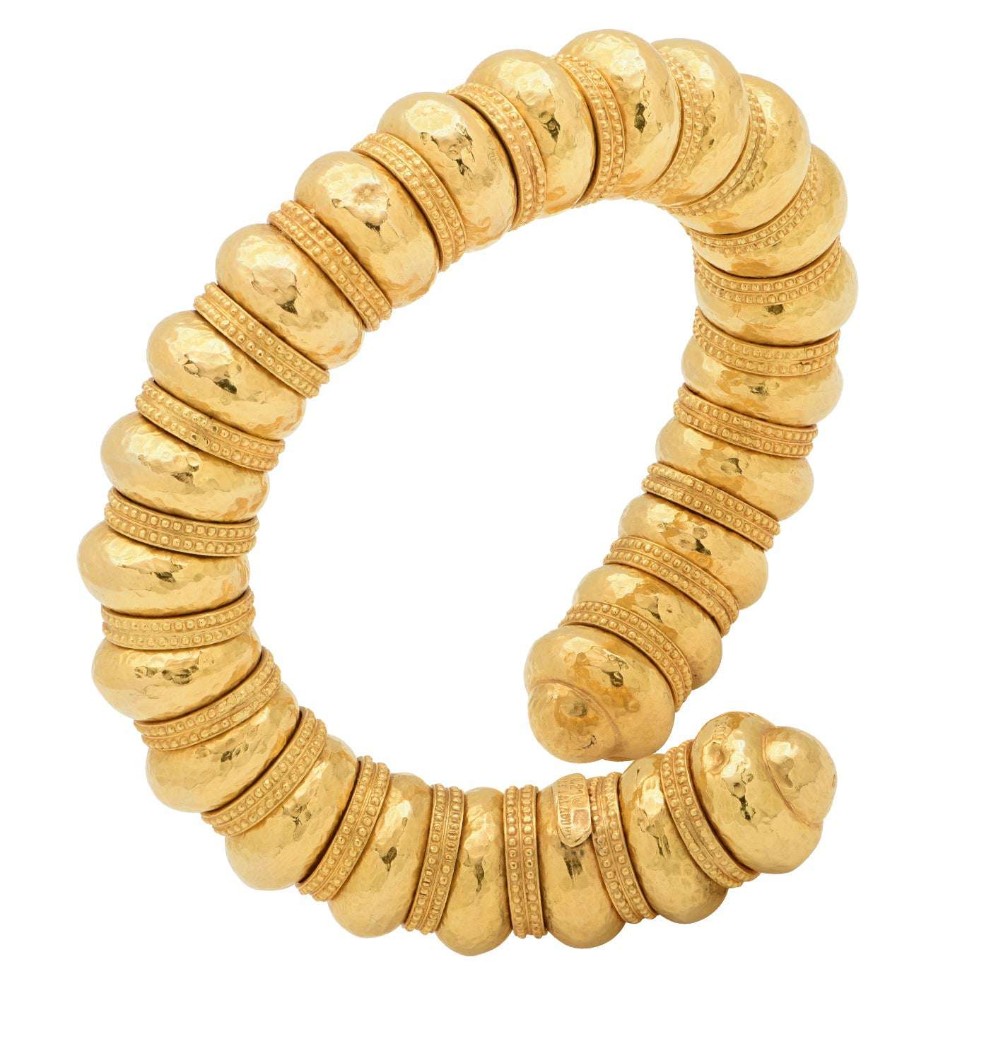 Lalaounis 18K Yellow Gold Hammered Bangle V48214 by Vivid Diamonds showcasing a luxurious and intricate design, featuring a unique hammered texture that reflects timeless craftsmanship.