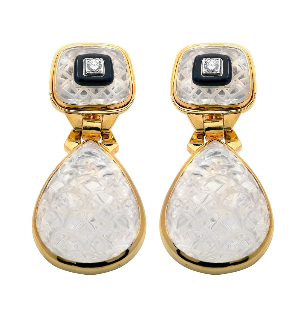 Close-up of David Webb 18K Yellow Gold & Platinum Rock Crystal Dangle Earrings with Diamonds - V48549 featuring intricate detailing and luxurious materials, designed by Vivid Diamonds.