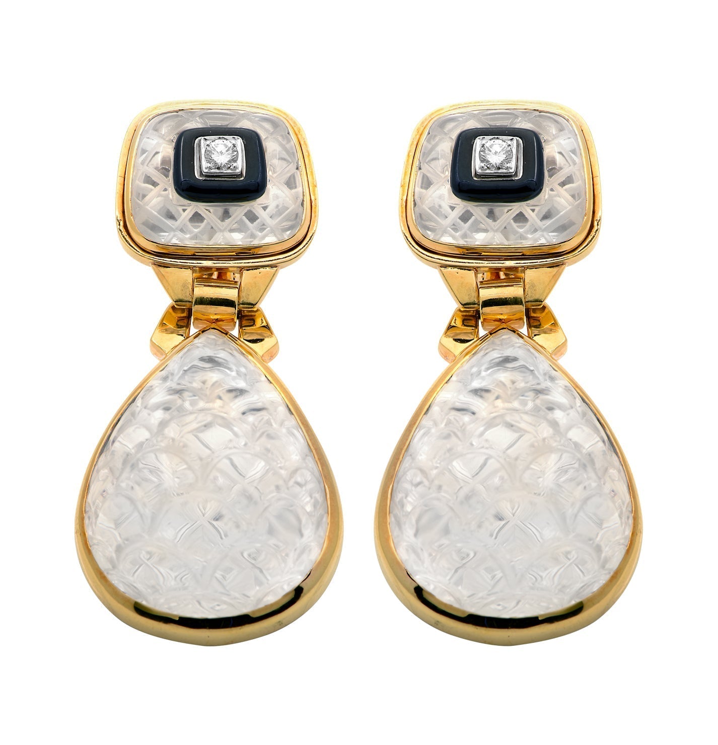 Close-up of David Webb 18K Yellow Gold & Platinum Rock Crystal Dangle Earrings with Diamonds - V48549 featuring intricate detailing and luxurious materials, designed by Vivid Diamonds.