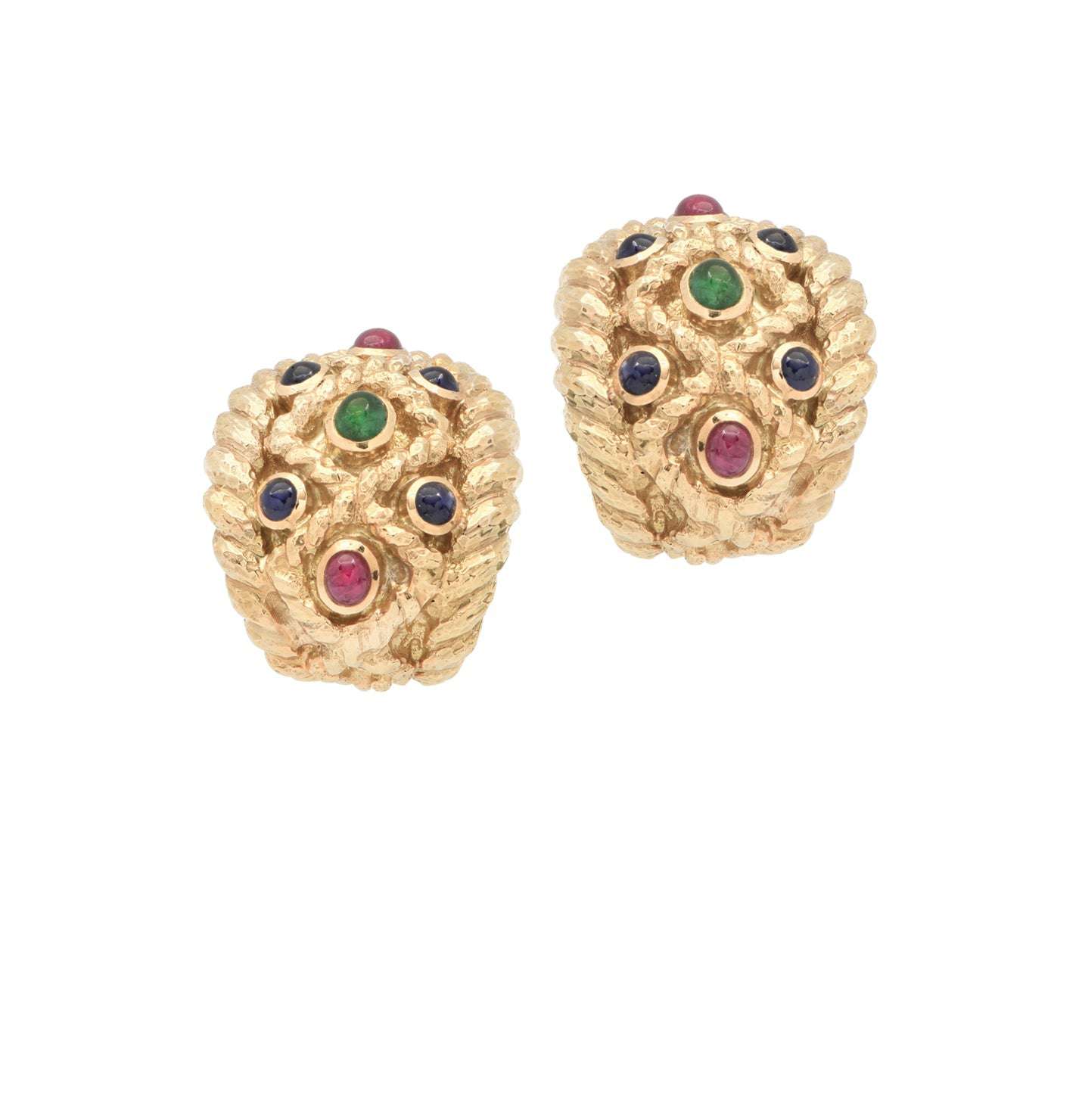 Luxurious David Webb 18K Gold Sapphire, Emerald & Ruby Cabochon Earrings, featuring a unique hammered gold design with vibrant gemstones, from Vivid Diamonds.