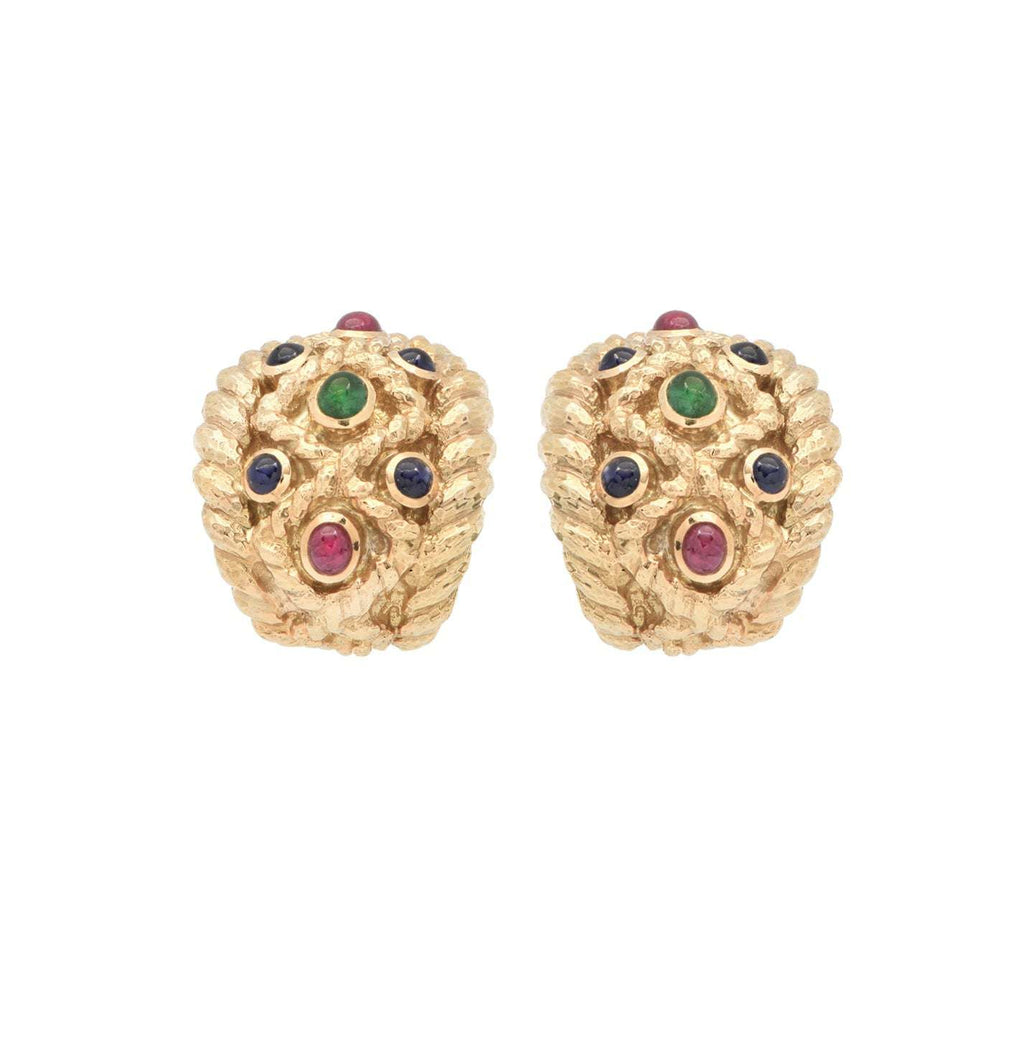 Elegant David Webb 18K Gold Sapphire, Emerald & Ruby Cabochon Earrings showcasing an exquisite blend of colorful gemstones in a textured gold setting, available at Vivid Diamonds.