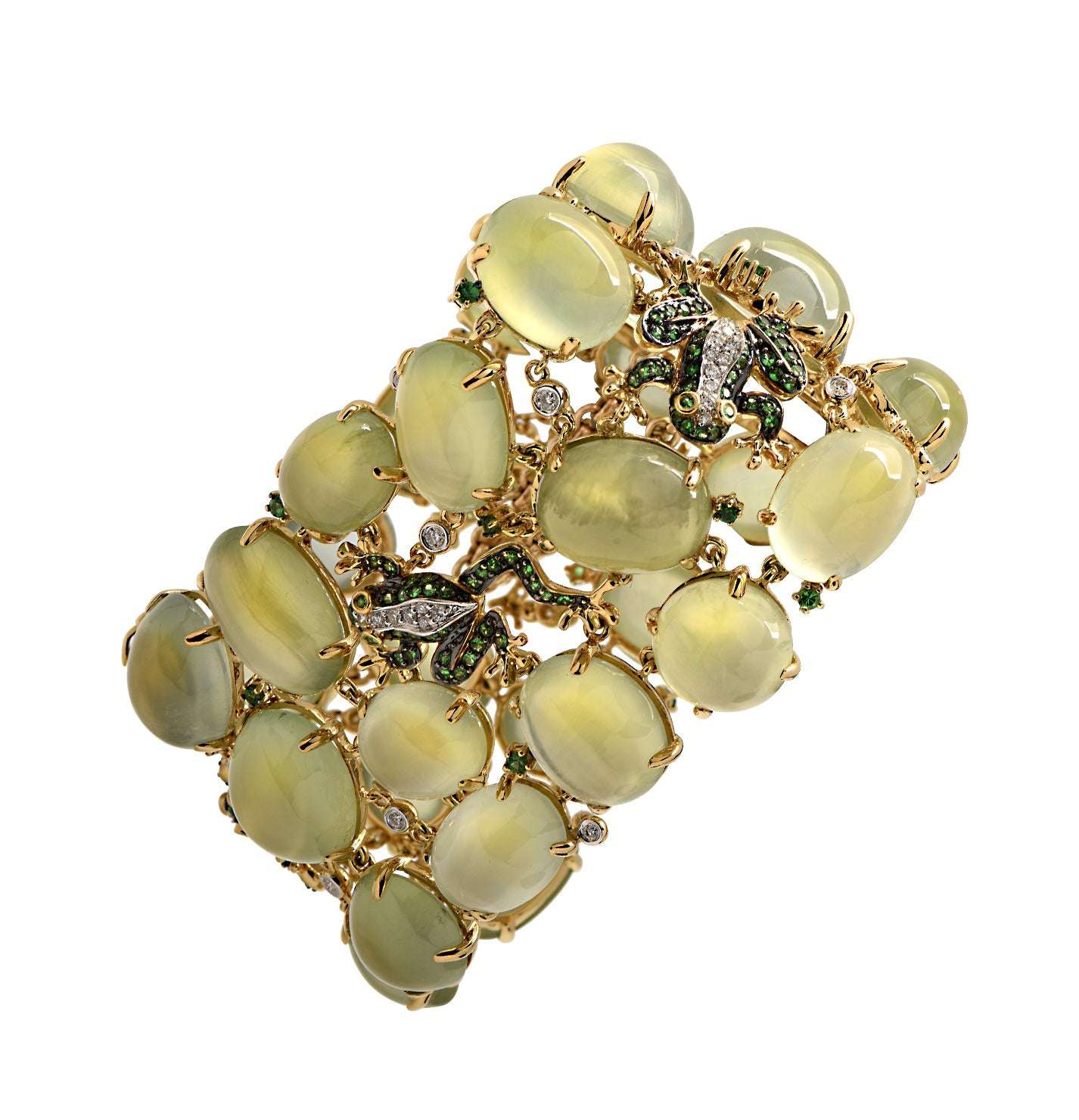 Enchanting 18K Yellow Gold Moonstone Frog Bangle with Diamonds & Tsavorites by Vivid Diamonds, showcasing a whimsical frog design adorned with lustrous moonstones and sparkling diamonds.