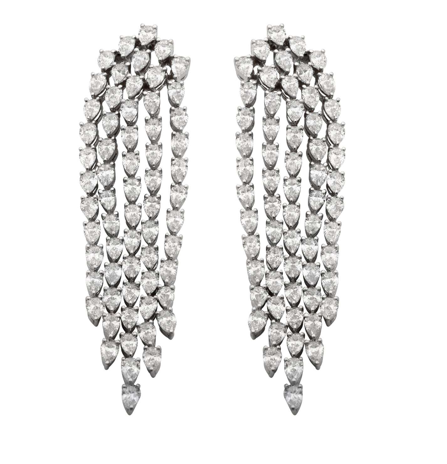 Elegant 18K White Gold Diamond Dangle Earrings with 6.00 Carats Pear-Shaped Diamonds by Vivid Diamonds, highlighting intricate craftsmanship and dazzling pear-shaped diamonds in a sophisticated arrangement.