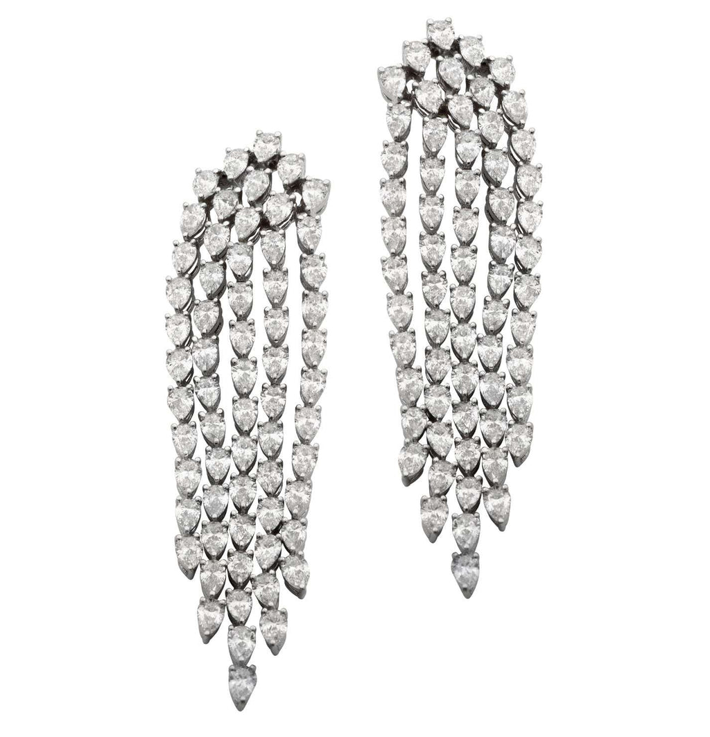 Elegant 18K White Gold Diamond Dangle Earrings with 6.00 Carats Pear-Shaped Diamonds from Vivid Diamonds, showcasing a luxurious design featuring cascading diamonds for a stunning visual effect.