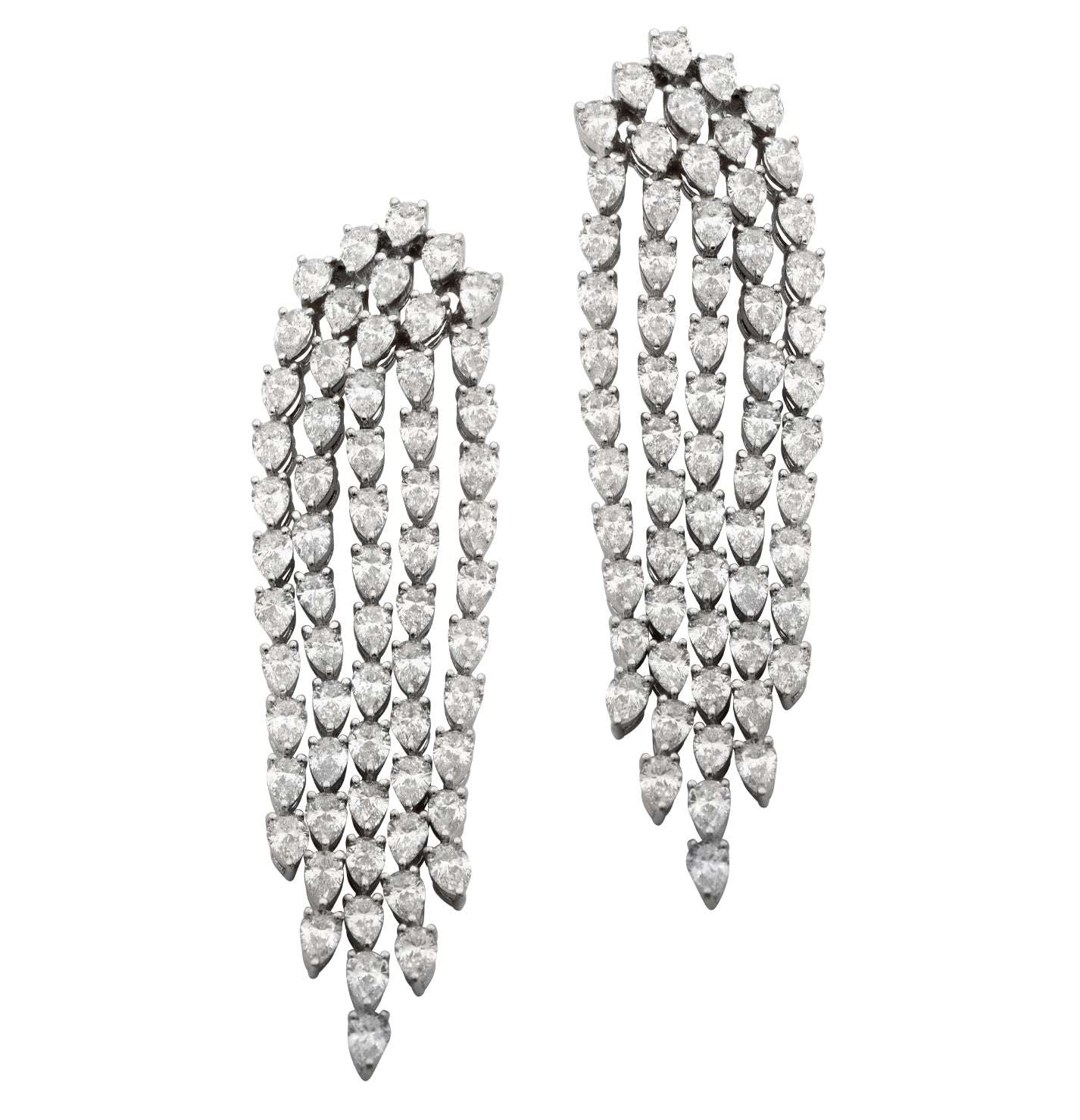 Elegant 18K White Gold Diamond Dangle Earrings with 6.00 Carats Pear-Shaped Diamonds from Vivid Diamonds, showcasing a luxurious design featuring cascading diamonds for a stunning visual effect.