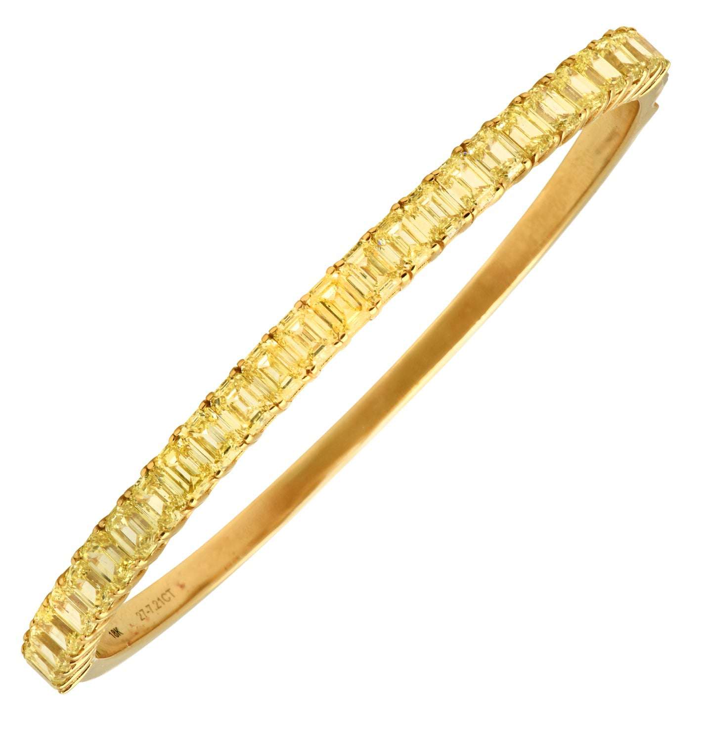 Exquisite 18K Yellow Gold Fancy Yellow Diamond Bracelet featuring 27 emerald-cut fancy yellow diamonds, crafted by Vivid Diamonds, showcasing 7.21 carats of elegance.