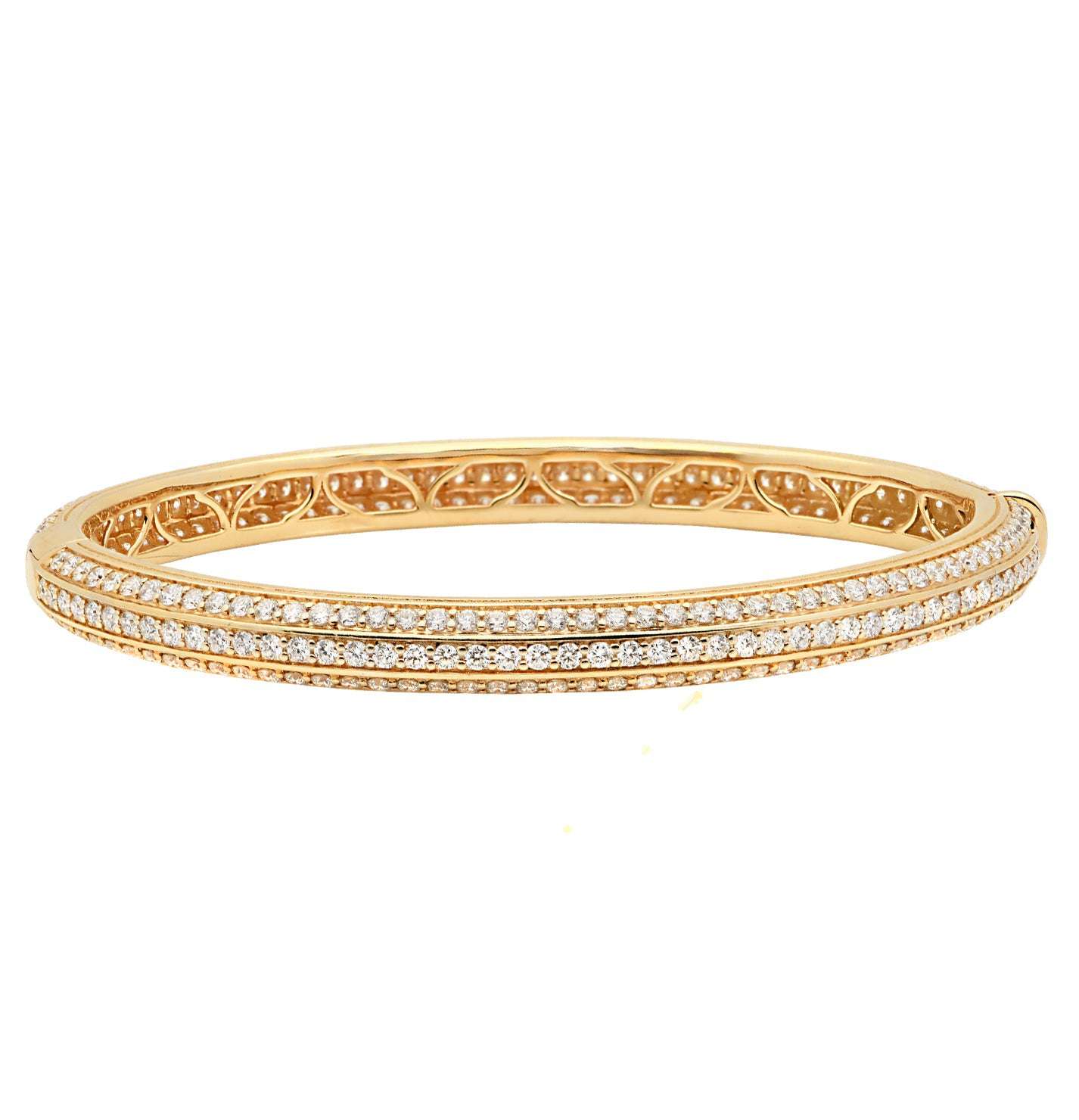 Elegant 18K Yellow Gold Diamond Bangle by Vivid Diamonds, adorned with 294 brilliant-cut diamonds totaling 4.20 carats, demonstrating intricate craftsmanship and timeless style.
