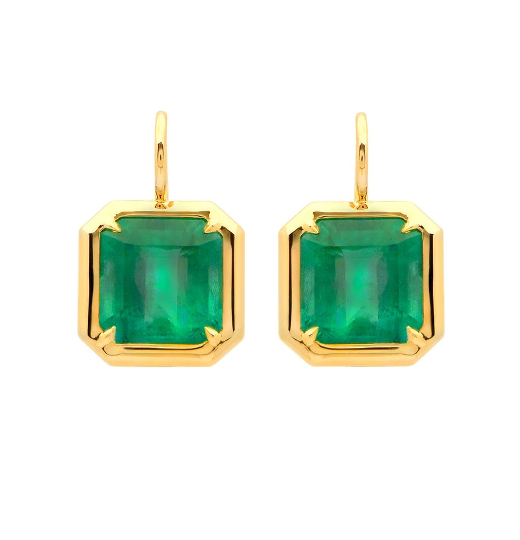 Elegant 18K Yellow Gold Zambian Emerald Dangle Earrings by Vivid Diamonds featuring vibrant 7.22 Ct emeralds, showcasing timeless luxury and sophistication.