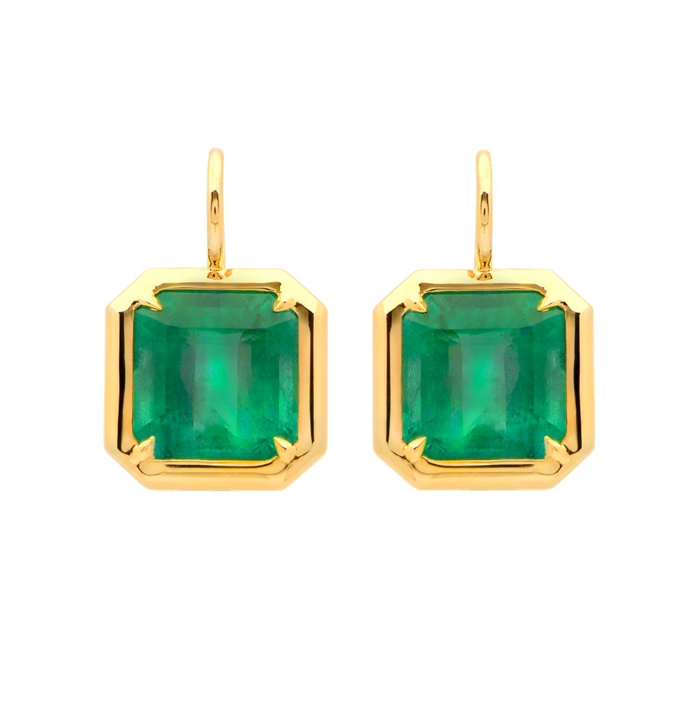 Elegant 18K Yellow Gold Zambian Emerald Dangle Earrings by Vivid Diamonds featuring vibrant 7.22 Ct emeralds, showcasing timeless luxury and sophistication.