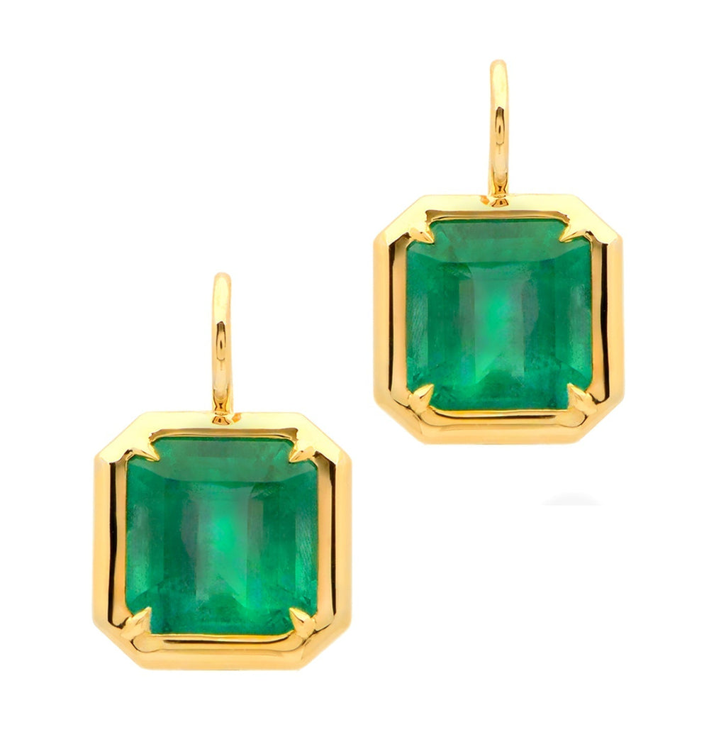 Luxurious 18K Yellow Gold Zambian Emerald Dangle Earrings 7.22 Ct by Vivid Diamonds, showcasing vibrant green gemstones in a stunning, elegant design.