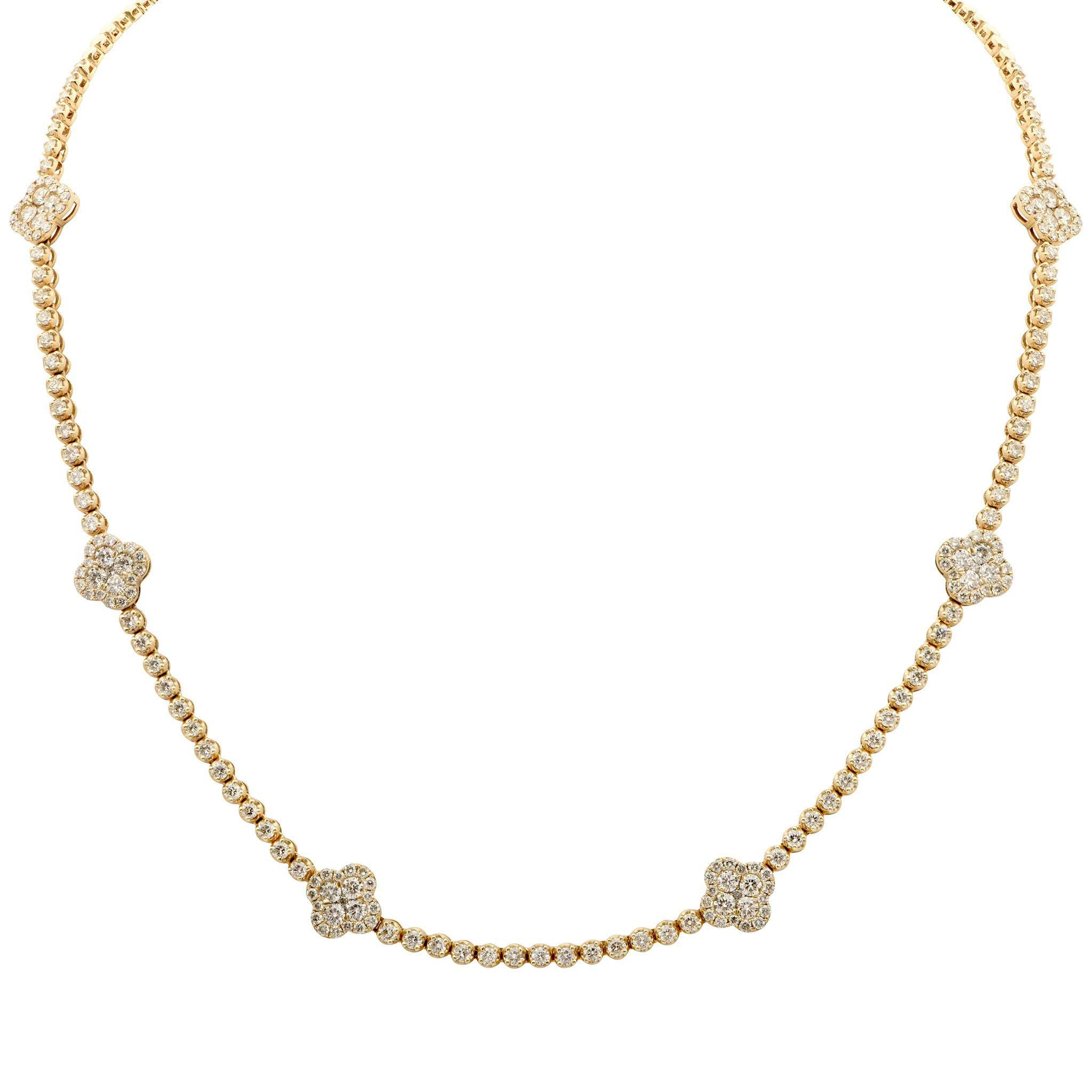 Elegant 5.90ct Diamond Floral Motif Necklace in 14k Yellow Gold by Vivid Diamonds, showcasing exquisite alternating pavé-set clover designs and shimmering diamond beads.