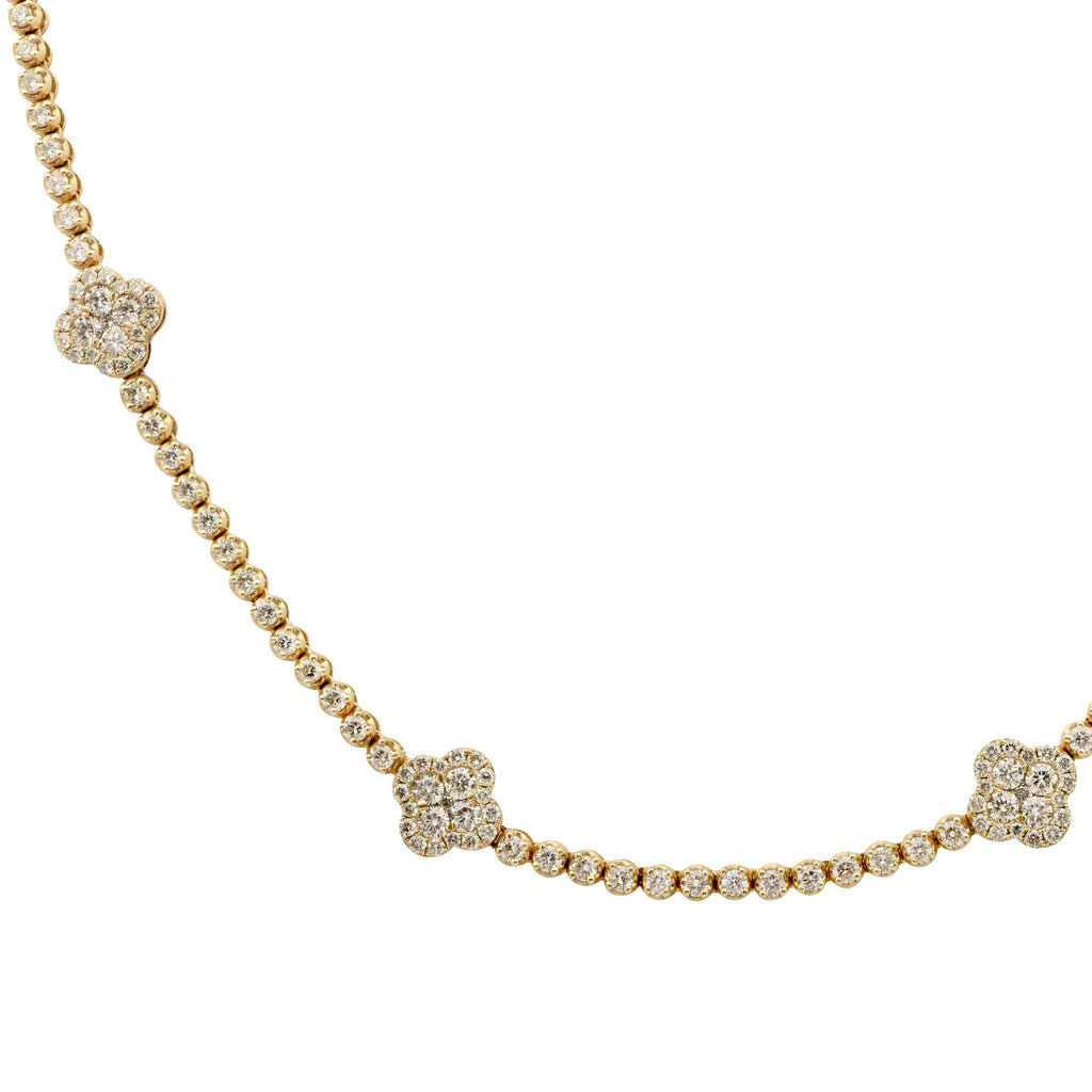5.90ct Diamond Floral Motif Necklace by VIVID Diamonds in 14k Yellow Gold showcasing exquisite alternating pavé-set floral clovers and shimmering diamond beads.