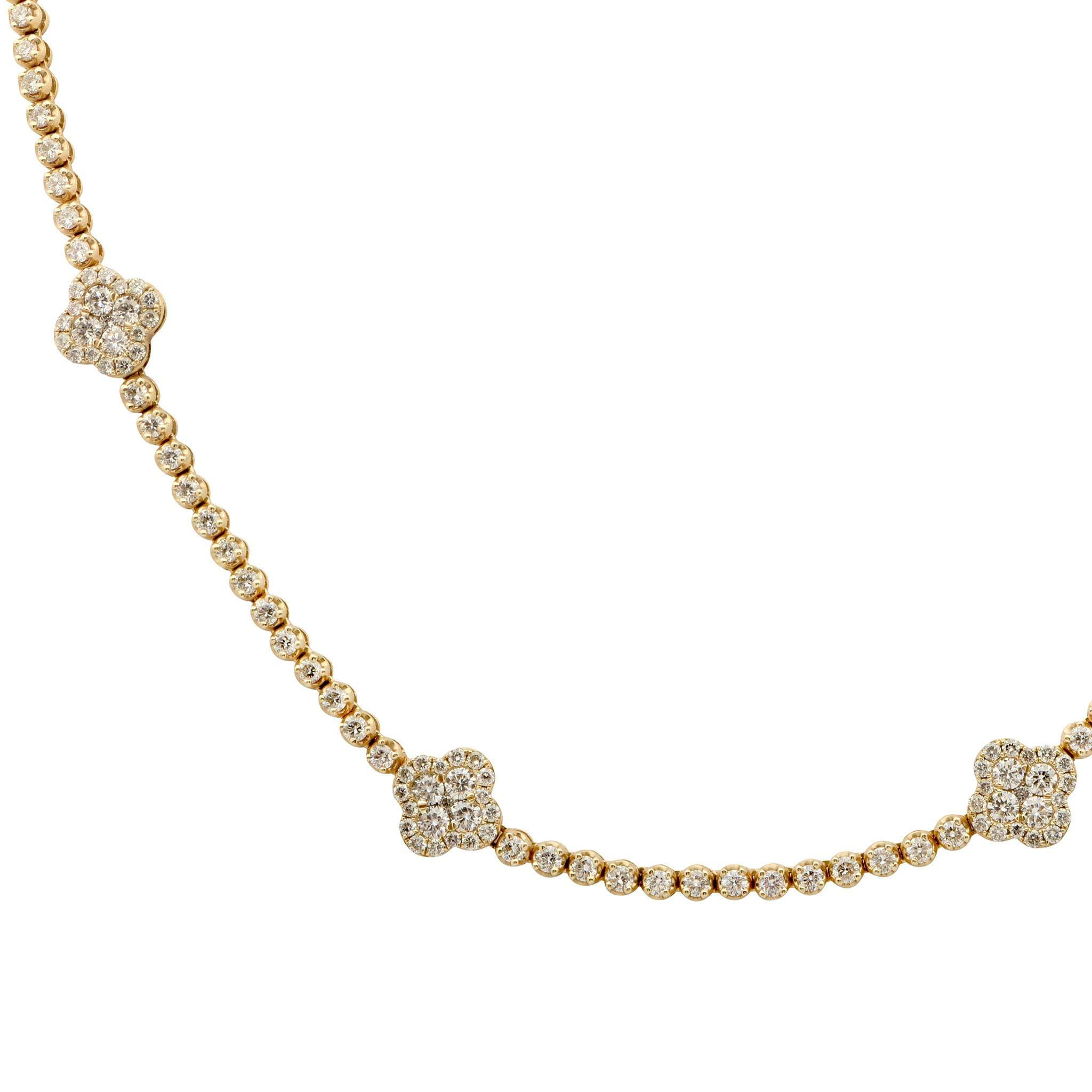 5.90ct Diamond Floral Motif Necklace by VIVID Diamonds in 14k Yellow Gold showcasing exquisite alternating pavé-set floral clovers and shimmering diamond beads.