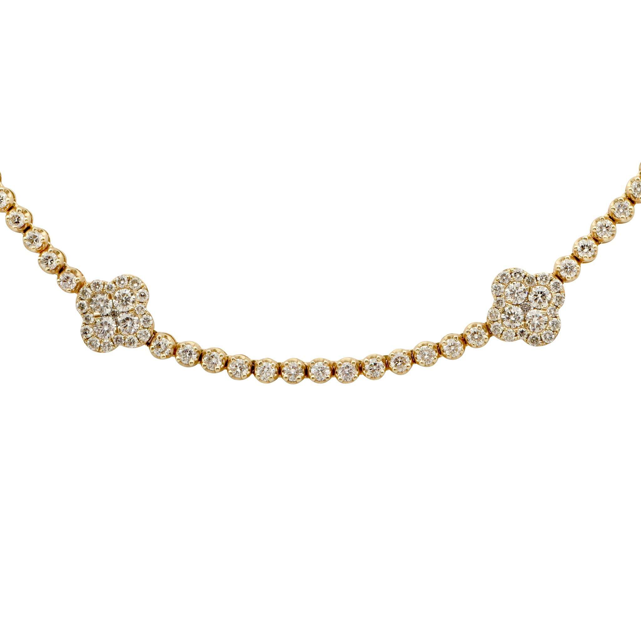 Close-up of the 5.90ct Diamond Floral Motif Necklace by VIVID Diamonds, highlighting the intricate design of round brilliant-cut diamonds nestled in 14k Yellow Gold.