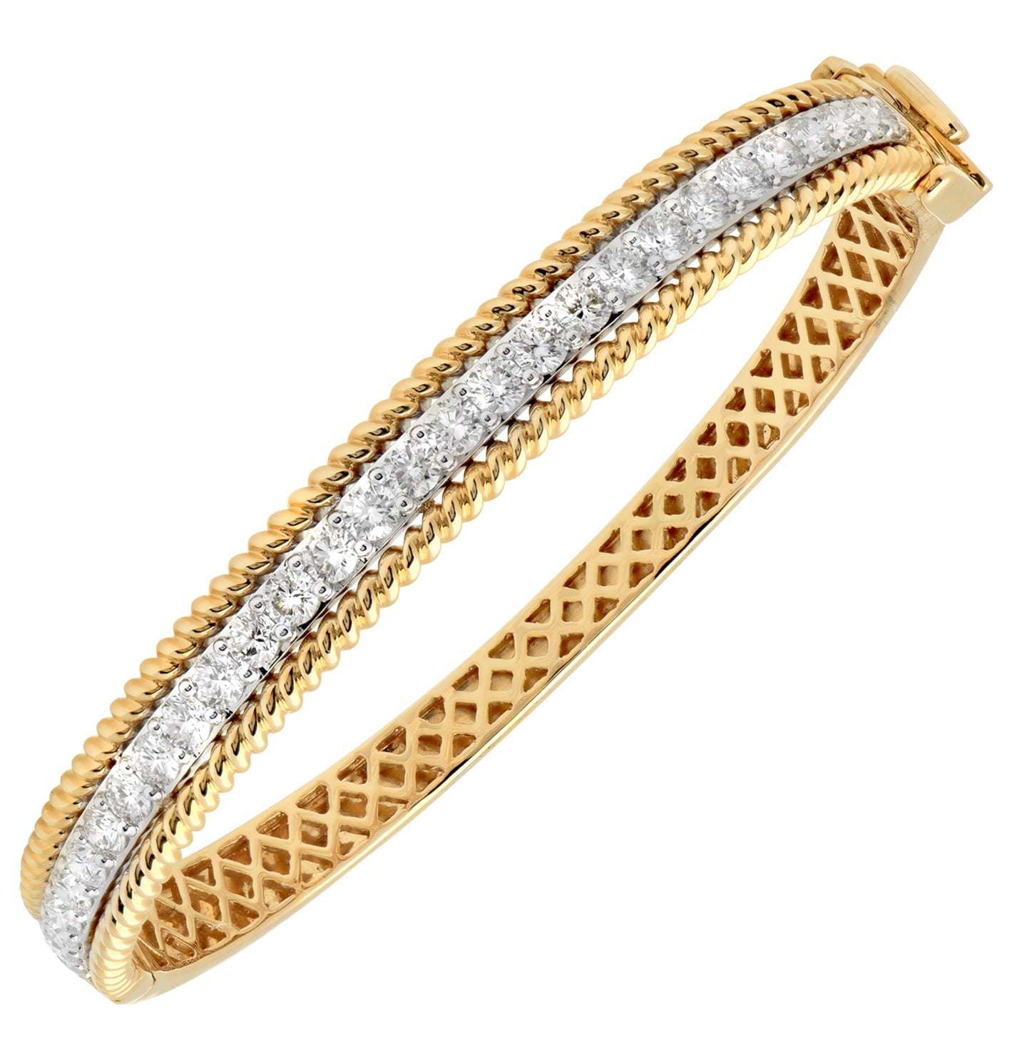 Exquisite 14K Yellow & White Gold 2.62 Ct Diamond Bangle with Rope Edge Design by Vivid Diamonds, showcasing a sleek channel design adorned with round brilliant-cut diamonds and textured rope-edge detail.