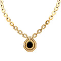 Stunning 18K yellow gold necklace featuring a geometric design adorned with 3.60 carats of diamonds and onyx, crafted by Vivid Diamonds. A luxurious statement piece that embodies modern elegance.