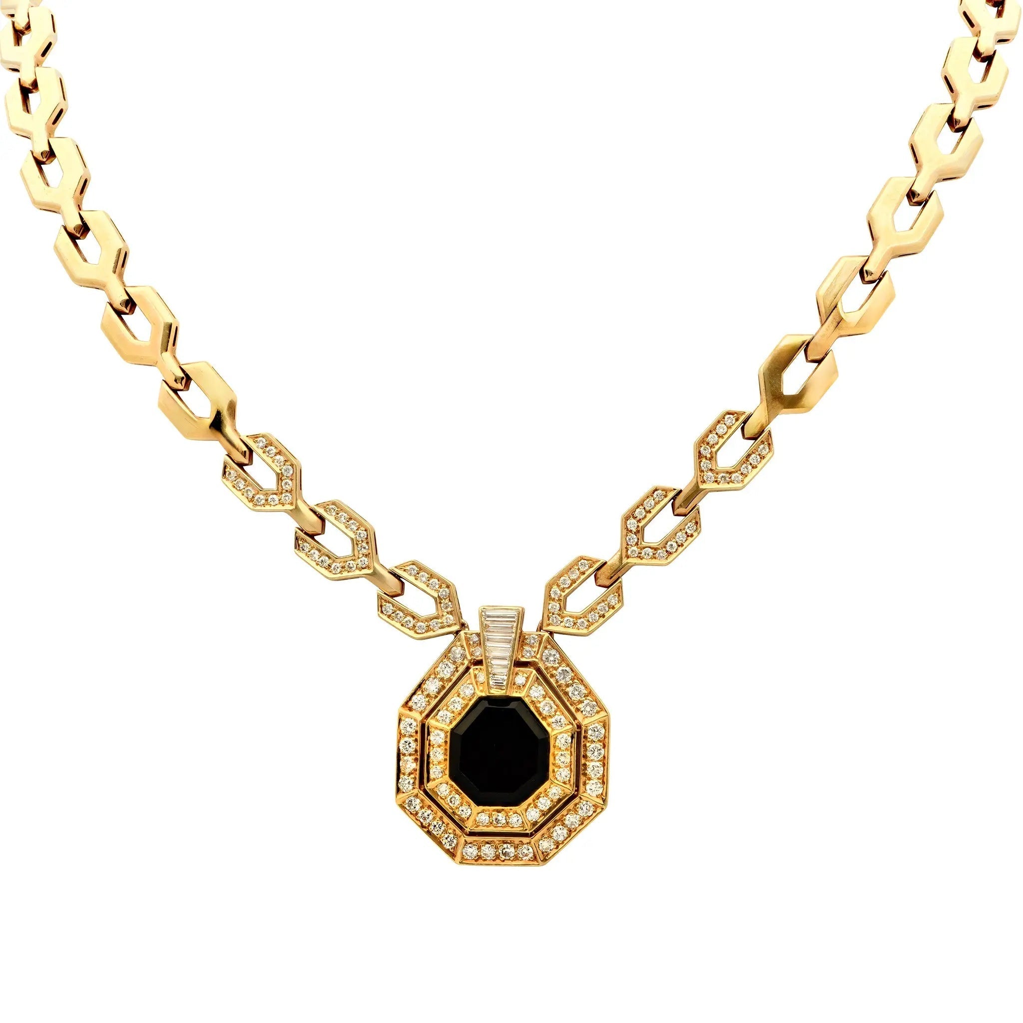 Stunning 18K yellow gold necklace featuring a geometric design adorned with 3.60 carats of diamonds and onyx, crafted by Vivid Diamonds. A luxurious statement piece that embodies modern elegance.