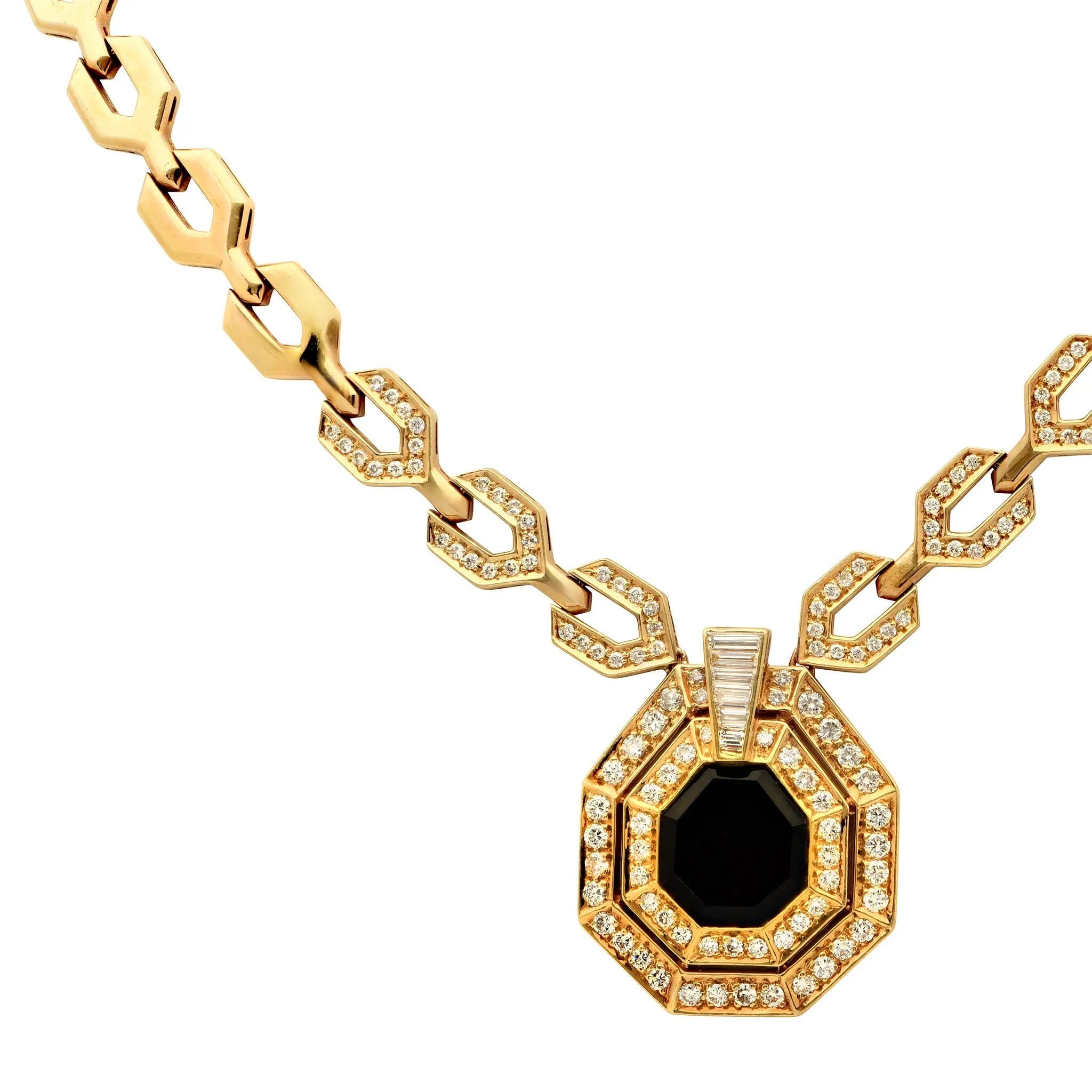 Exquisite 18K yellow gold necklace showcasing an eye-catching geometric pendant set with 3.60 carats of diamonds and onyx, designed by Vivid Diamonds. A bold and elegant luxury accessory.