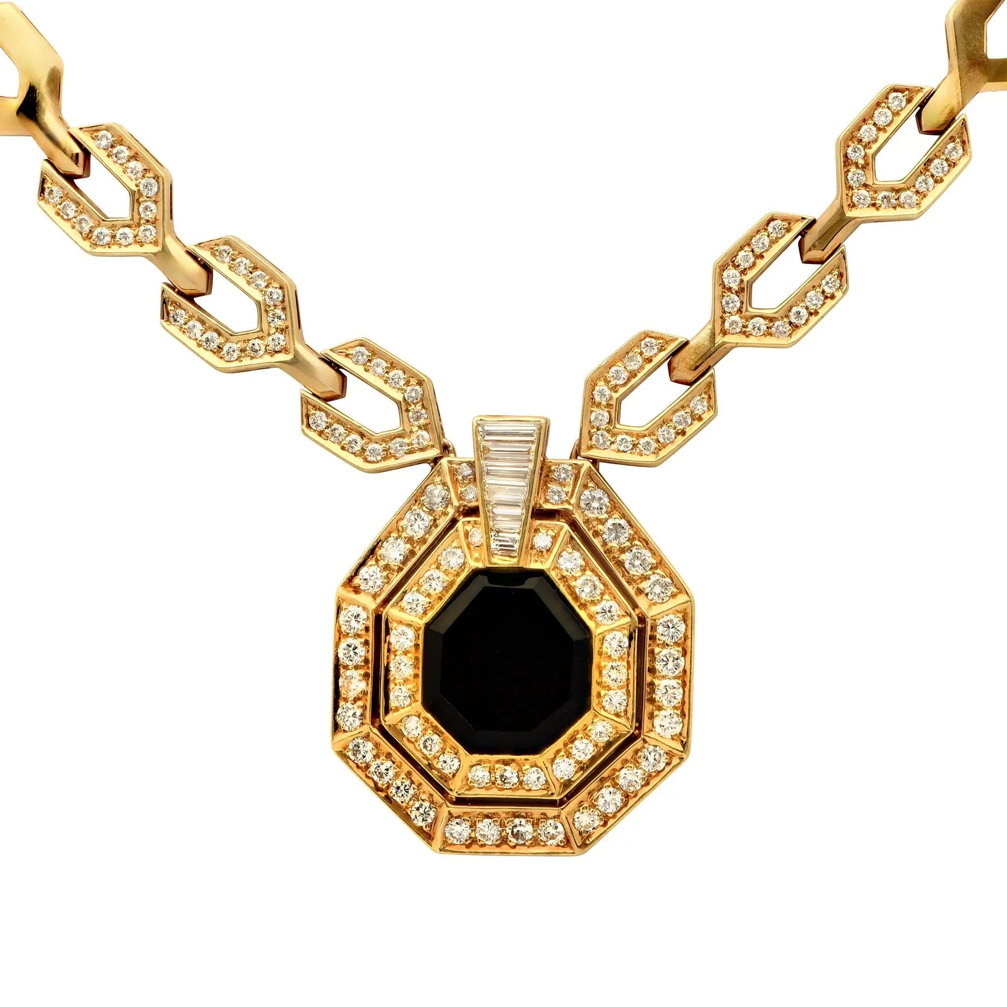 Close-up view of the stunning 18K Yellow Gold Necklace featuring a geometric design, adorned with 3.60 carats of sparkling diamonds and a luxurious onyx centerpiece, crafted by Vivid Diamonds.