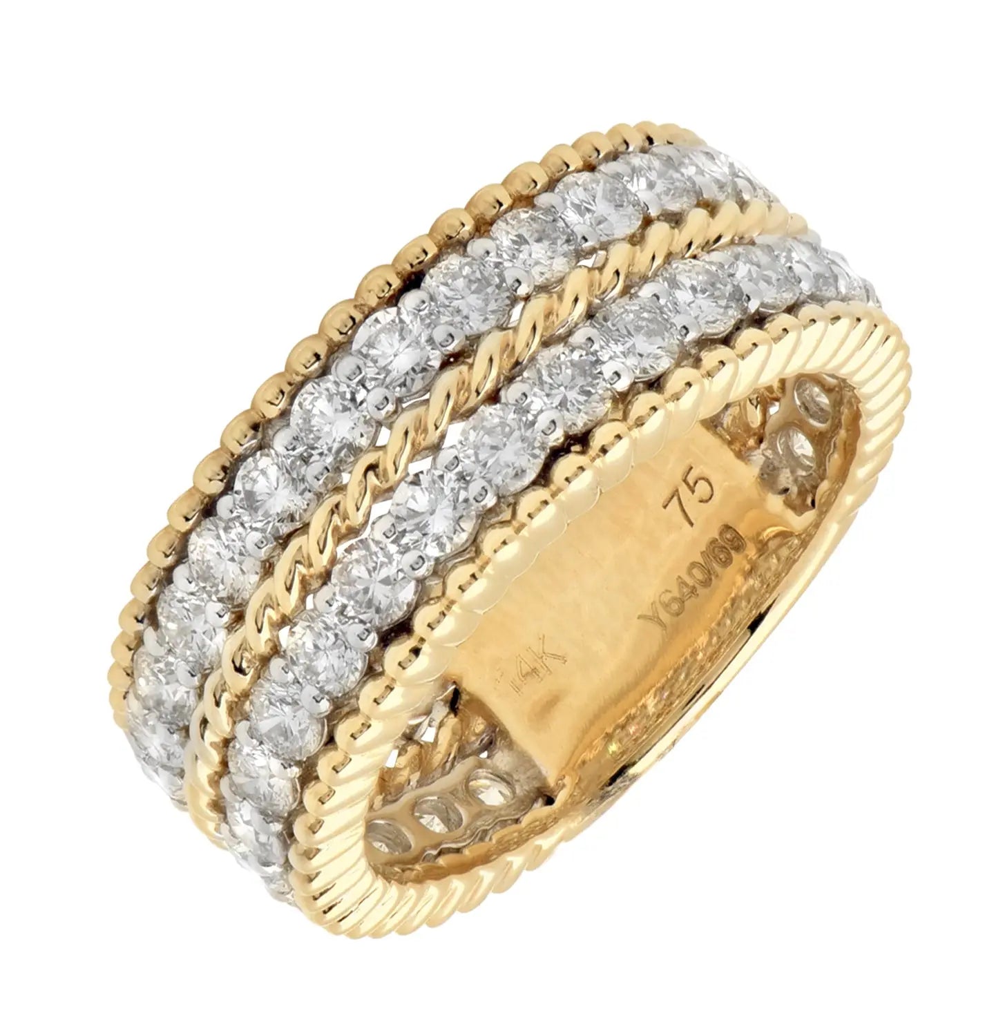 Stunning 14K White & Yellow Gold Triple-Row Diamond Wedding Band by Vivid Diamonds featuring 2.10 CT round brilliant cut diamonds in a luxurious design.
