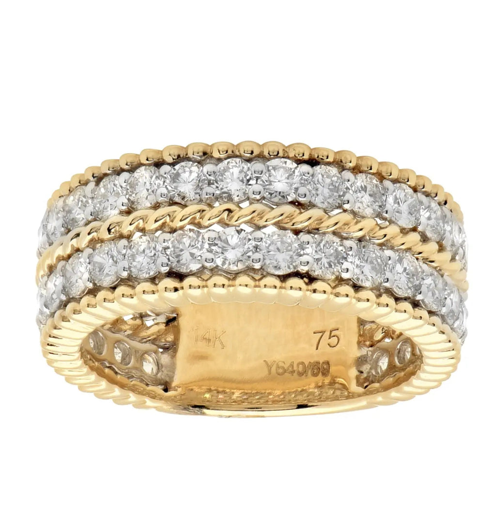 Elegant view of Vivid Diamonds' 14K White & Yellow Gold Triple-Row Diamond Wedding Band showcasing its exquisite craftsmanship and 2.10 CT of radiant diamonds.