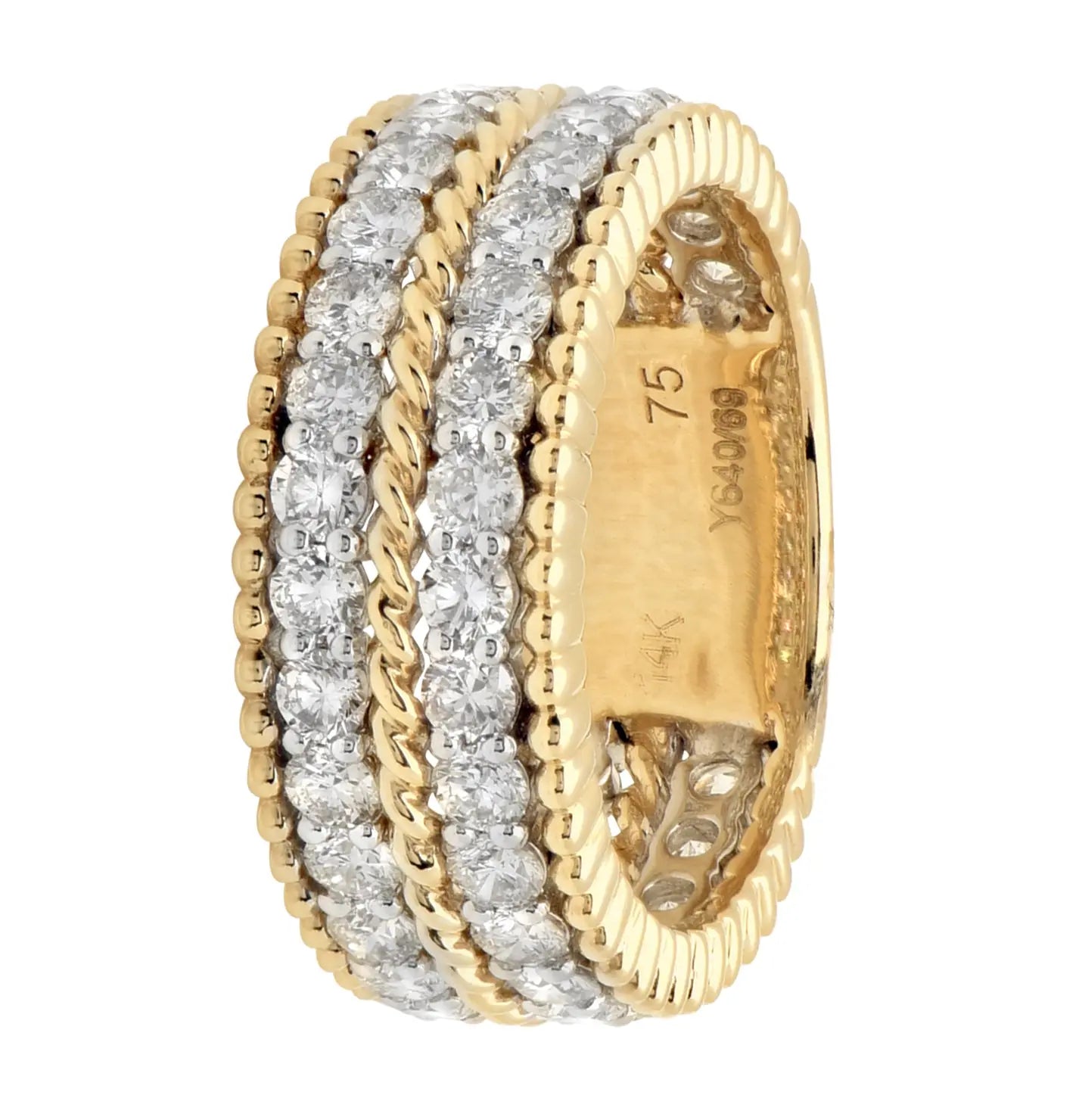 Side profile of the Vivid Diamonds 14K White & Yellow Gold Triple-Row Diamond Wedding Band, highlighting its vintage charm and brilliant diamonds.