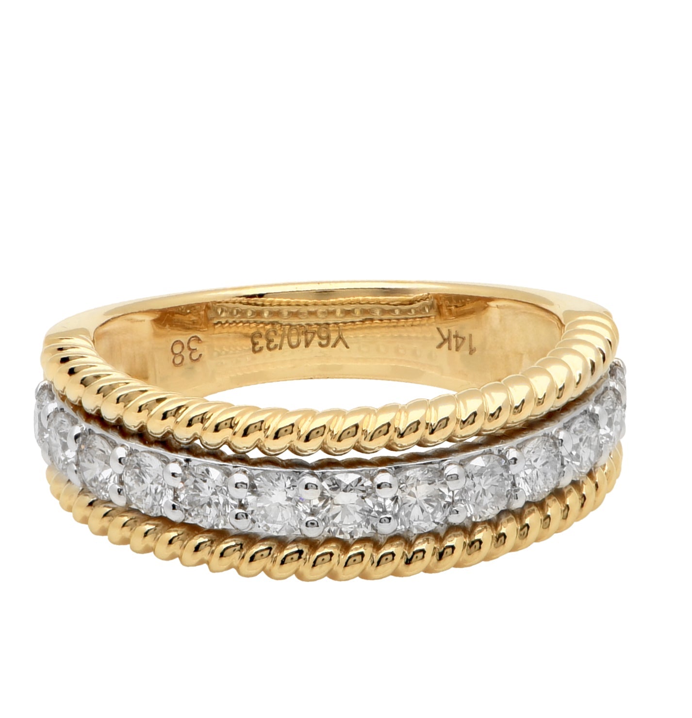 Elegant 14K Gold Wedding Band with 13 Diamonds by Vivid Diamonds, showcasing a stunning combination of white and yellow gold with brilliant diamonds, ideal for a timeless wedding piece.