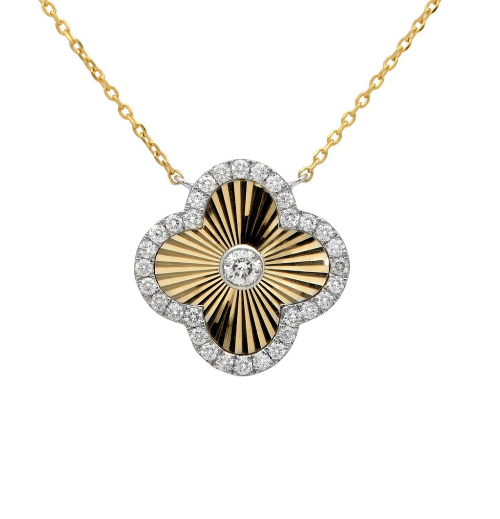 Elegant 14K White & Yellow Gold Necklace featuring a distinctive floral design, adorned with 33 sparkling round brilliant diamonds totaling 0.92 carats, crafted by Vivid Diamonds.