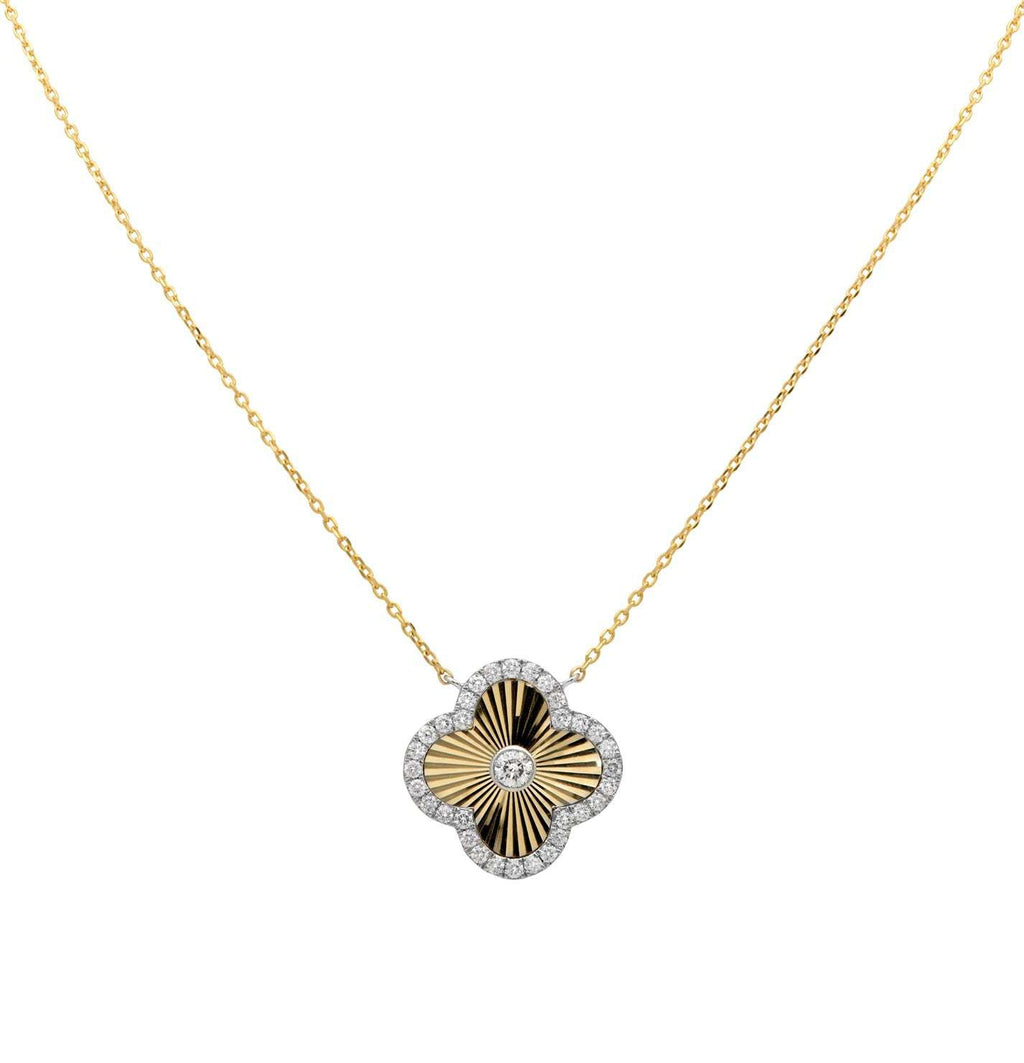 Elegant 14K White & Yellow Gold Necklace featuring a unique floral design with 33 Round Brilliant Diamonds, totaling 0.92 Carats from Vivid Diamonds, embodying luxury and sophistication.