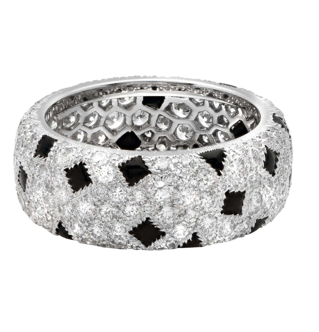 Stunning view of the Cartier Panthère Diamond Band in 18K white gold, featuring exquisite diamond pavé and onyx accents, available at Vivid Diamonds.