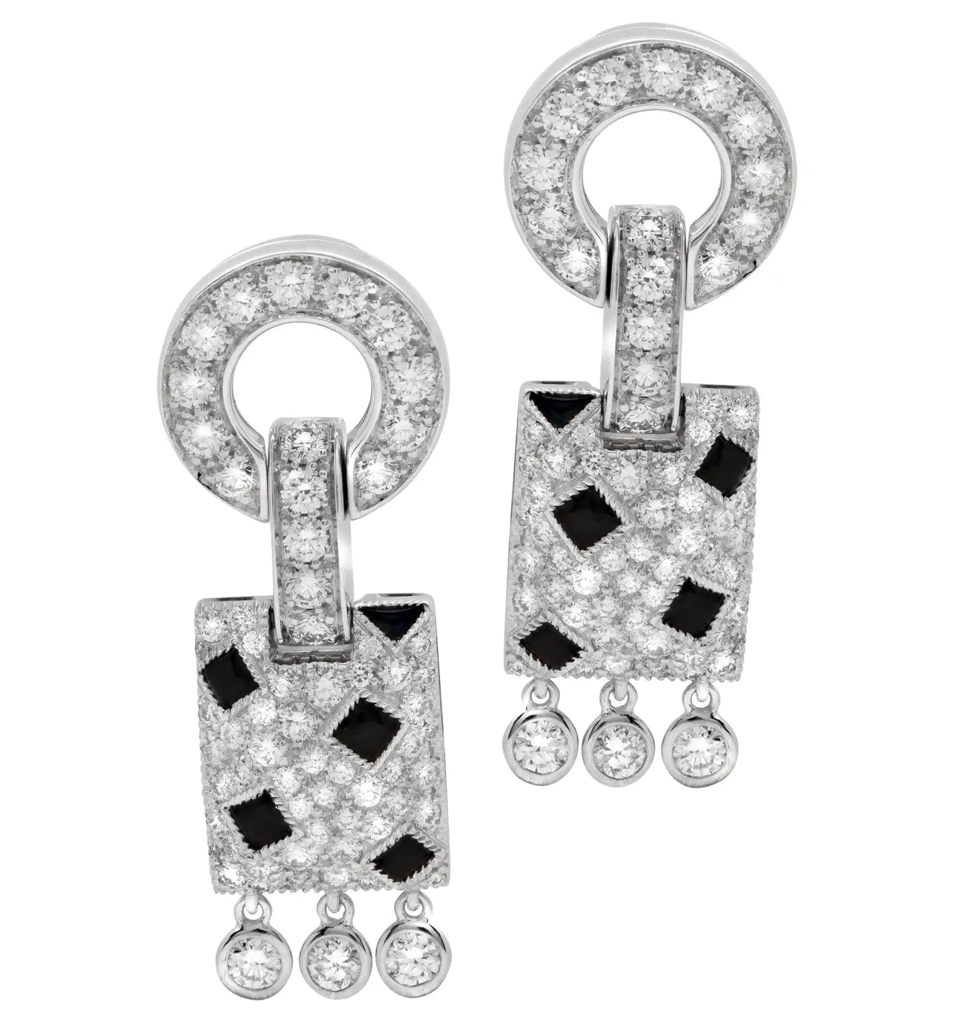 Luxurious Cartier Panthère 54 Earrings crafted in 18K White Gold, featuring exquisite pavé set diamonds and striking black onyx inlays, available from Vivid Diamonds.