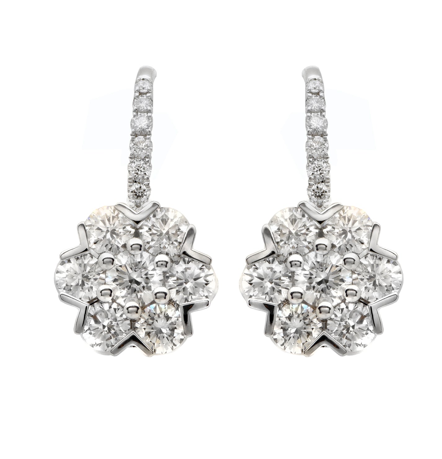 18k White Gold Diamond Dangle Flower Cluster Earrings – V49760