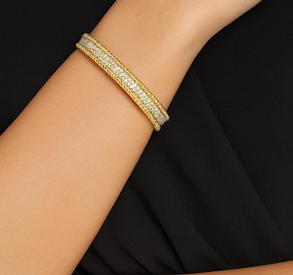 Luxury 18k Yellow Gold Bracelet with 293 Diamonds - 3.22 Carats worn on elegant wrist, showcasing stunning sparkle and modern sophistication from Vivid Diamonds.