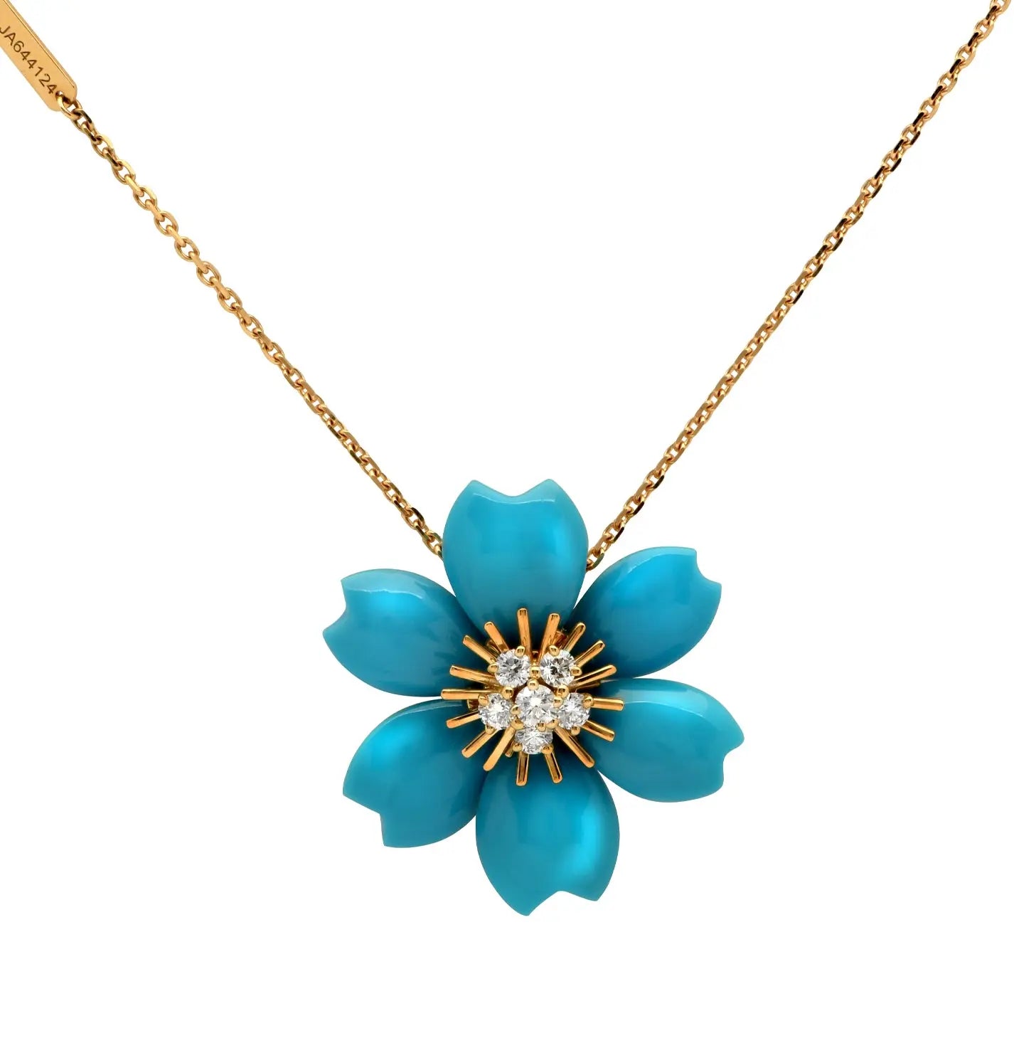 Van Cleef & Arpels Rose De Noël Turquoise Necklace in 18k Yellow Gold adorned with diamonds, showcasing a vibrant turquoise flower design, available at Vivid Diamonds.