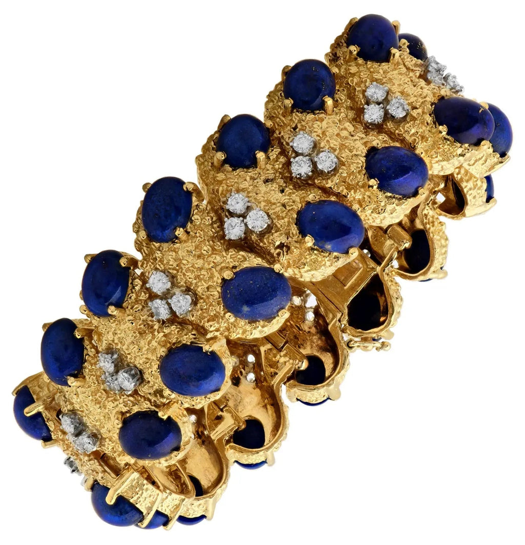 Exquisite 18K Gold Vintage Bracelet featuring 44 brilliant diamonds and rich lapis lazuli by Vivid Diamonds, showcasing mid-century elegance and luxury craftsmanship.