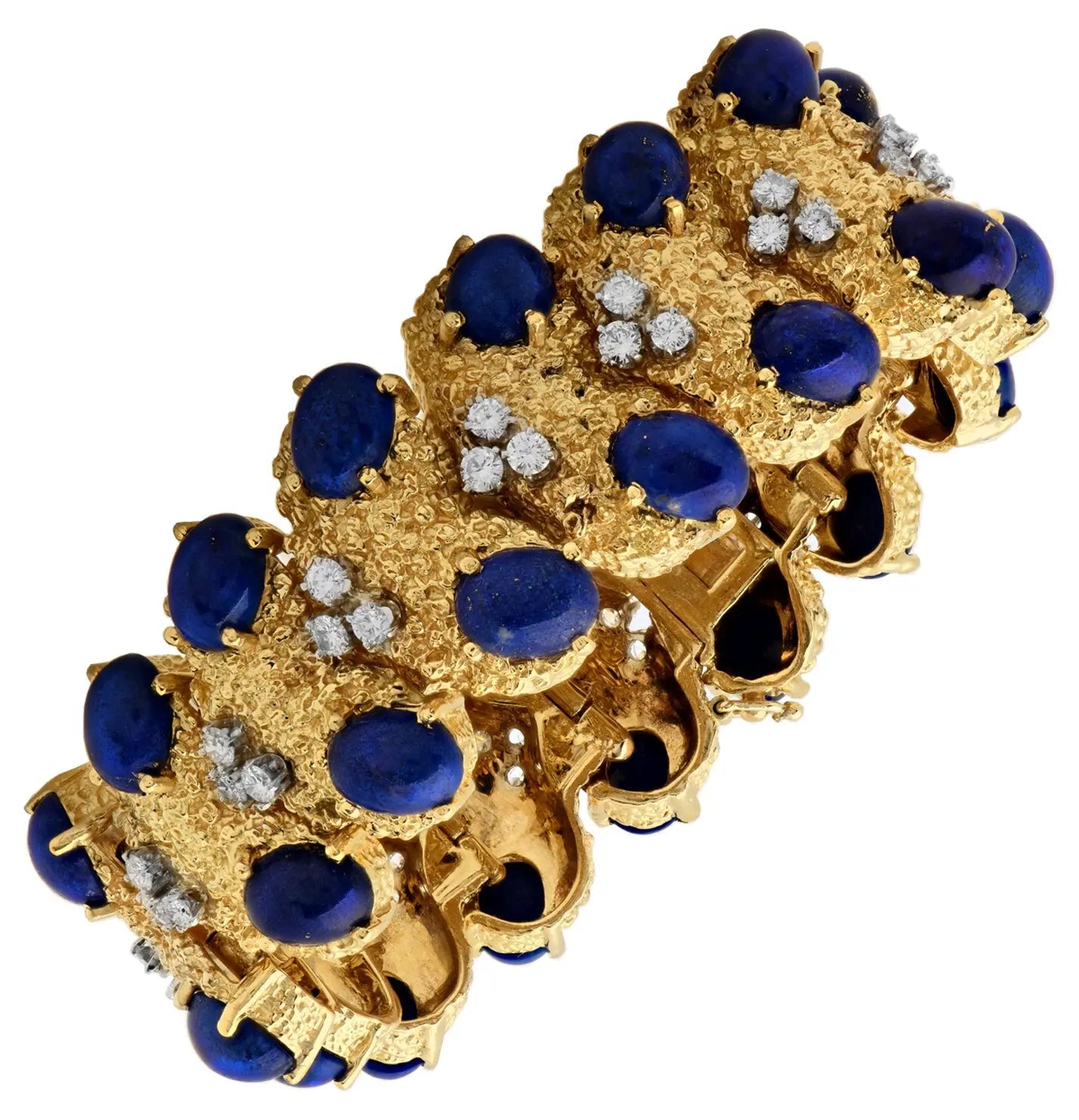 Exquisite 18K Gold Vintage Bracelet featuring 44 brilliant diamonds and rich lapis lazuli by Vivid Diamonds, showcasing mid-century elegance and luxury craftsmanship.