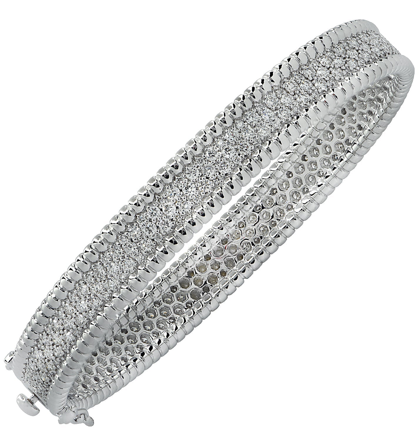 Vivid Diamonds 2.88 Carat Diamond Bangle Bracelet showcasing intricately set round brilliant cut diamonds in white gold, designed for elegance and luxury.