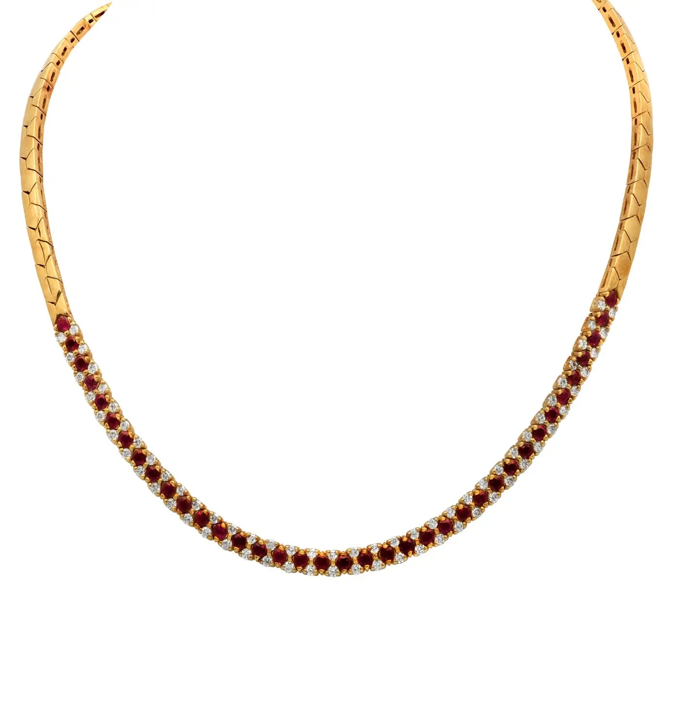 Exquisite 18K Yellow Gold Necklace featuring 4.50 Carats of Rubies and 1.80 Carats of Diamonds by Vivid Diamonds, showcasing a stunning design with a captivating arrangement of gemstones.