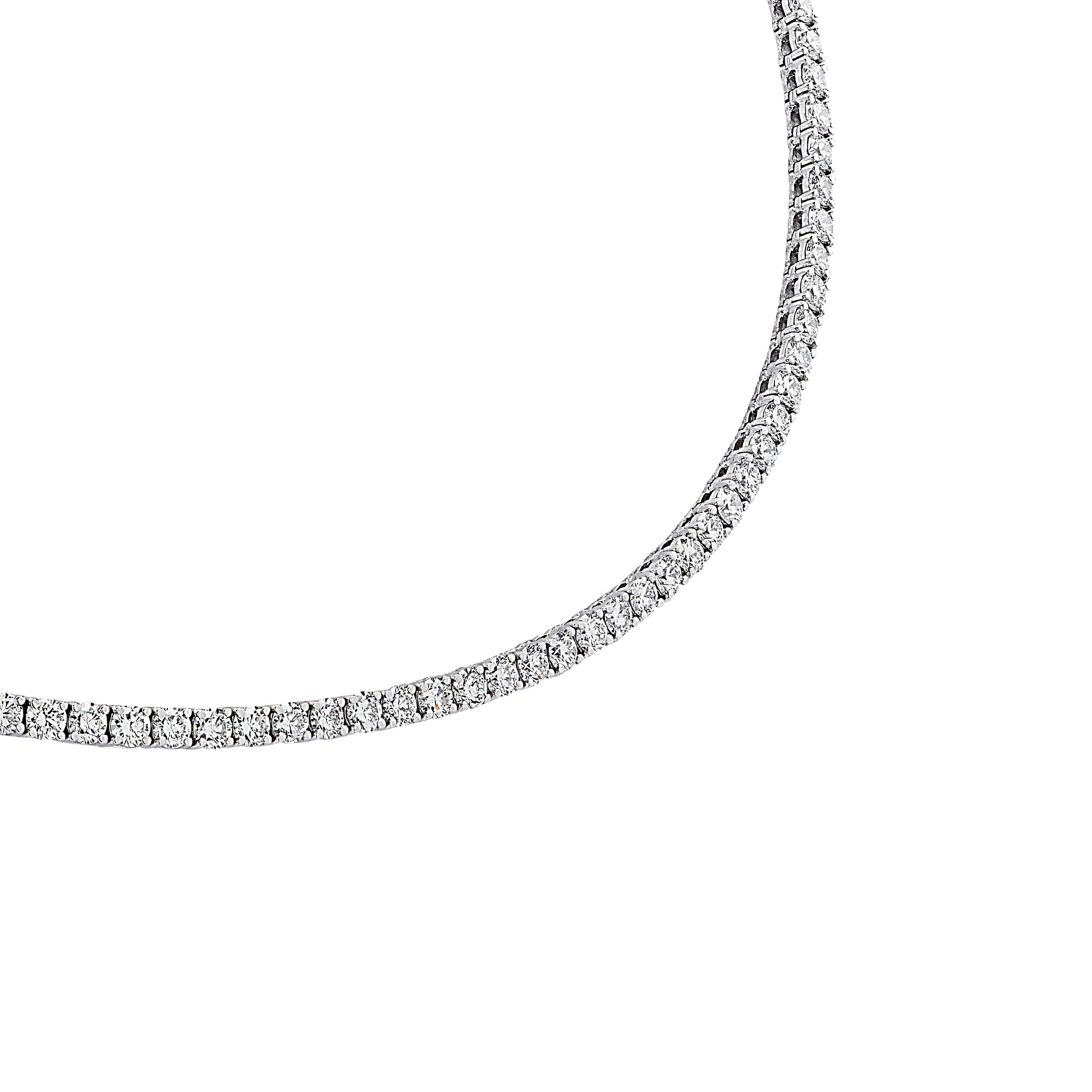 Close-up view of the 12.55ct Round Brilliant Diamond Necklace in 18k White Gold by Vivid Diamonds, highlighting the luxurious sparkle and craftsmanship of the diamonds.