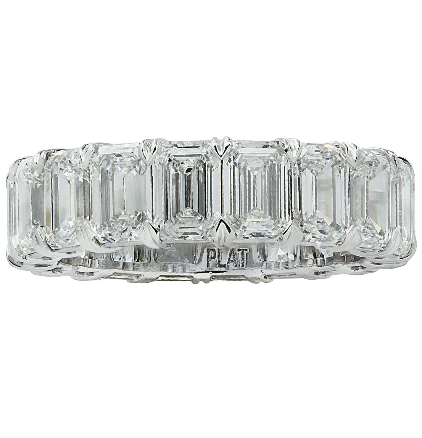 Top view of the 6.54 Carat Emerald Cut Diamond Eternity Band by Vivid Diamonds, highlighting the elegant design and brilliance of the emerald-cut diamonds in a refined platinum setting.