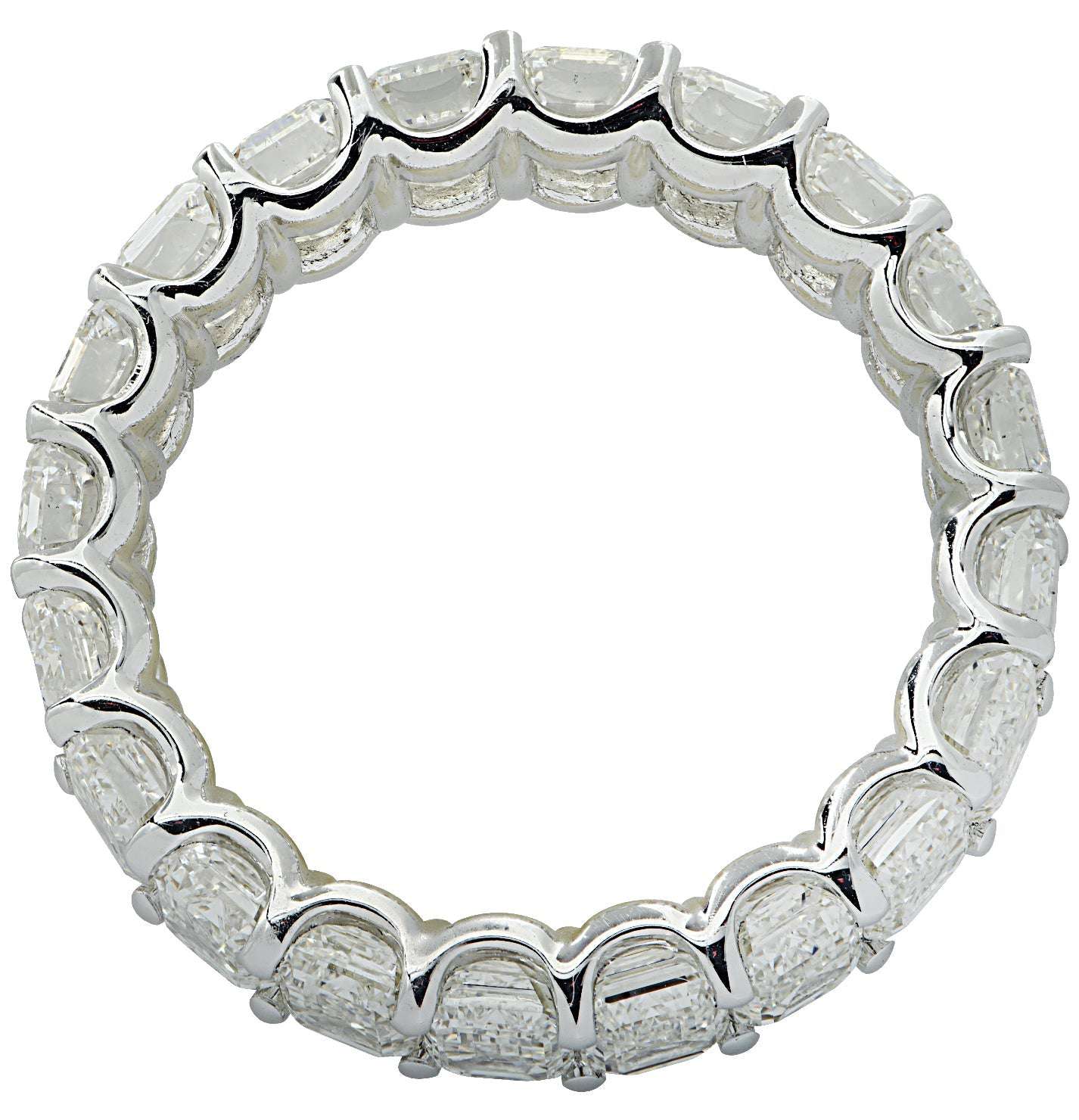 Elegant view of the Vivid Diamonds 6.25 Carat GIA Certified Emerald Cut Diamond Eternity Band in 18K White Gold, featuring a continuous line of stunning emerald cut diamonds in a classic design.