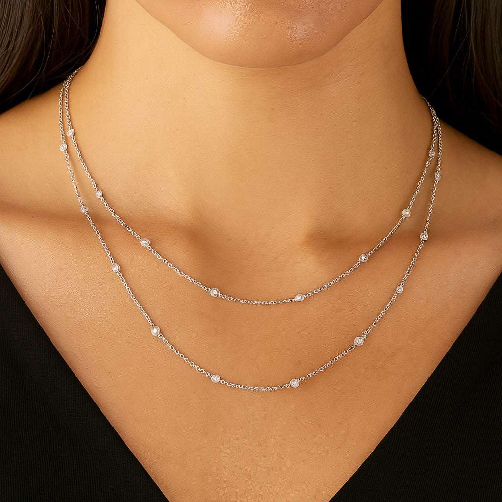 A model wearing the Elegant 18K White Gold Diamond Necklace with 2.2ct Round Brilliant Diamonds by Vivid Diamonds, highlighting the stunning necklace's elegance on a close-up of the neckline.