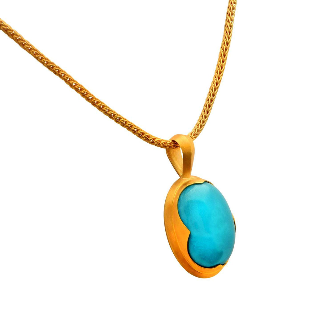 Elegant Sleeping Beauty Turquoise Necklace by Vivid Diamonds, featuring a radiant turquoise pendant set in luxurious 22k yellow gold.