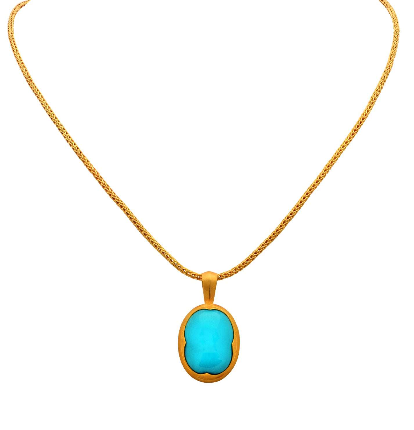 Luxurious Sleeping Beauty Turquoise Necklace by Vivid Diamonds, featuring a stunning turquoise gemstone pendant set in rich 22k yellow gold, embodying elegance and modern simplicity.