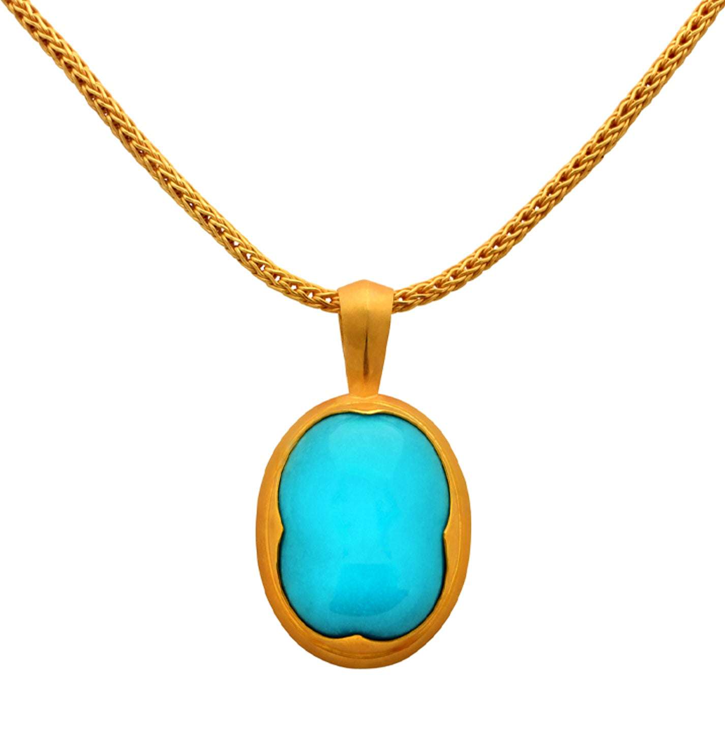 Close-up of the exquisite Sleeping Beauty Turquoise Necklace by Vivid Diamonds, emphasizing the vibrant turquoise stone and 22k gold chain.