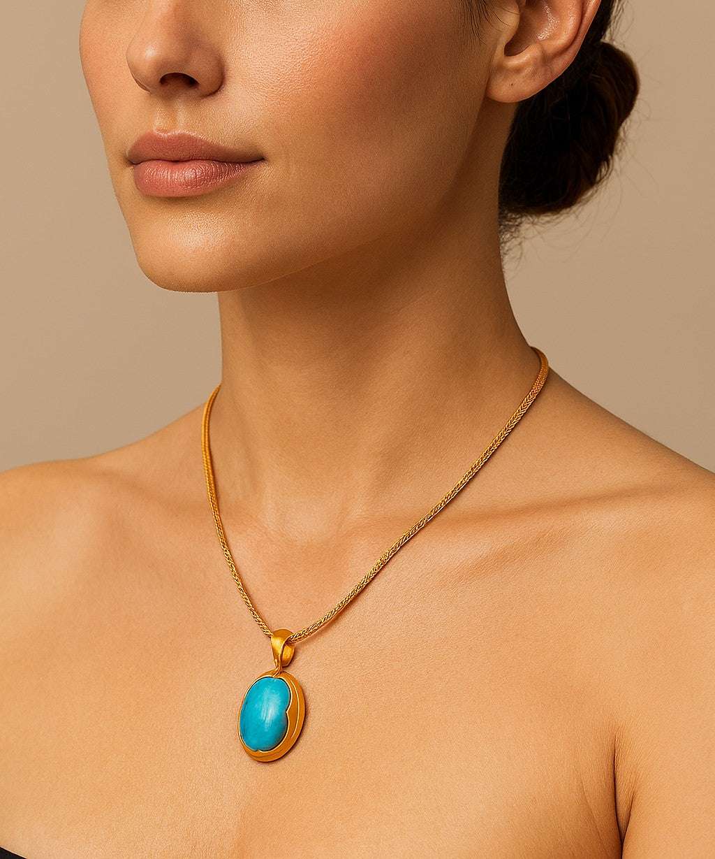 Model showcasing the Sleeping Beauty Turquoise Necklace from Vivid Diamonds, highlighting the stunning turquoise stone against a chic outfit.