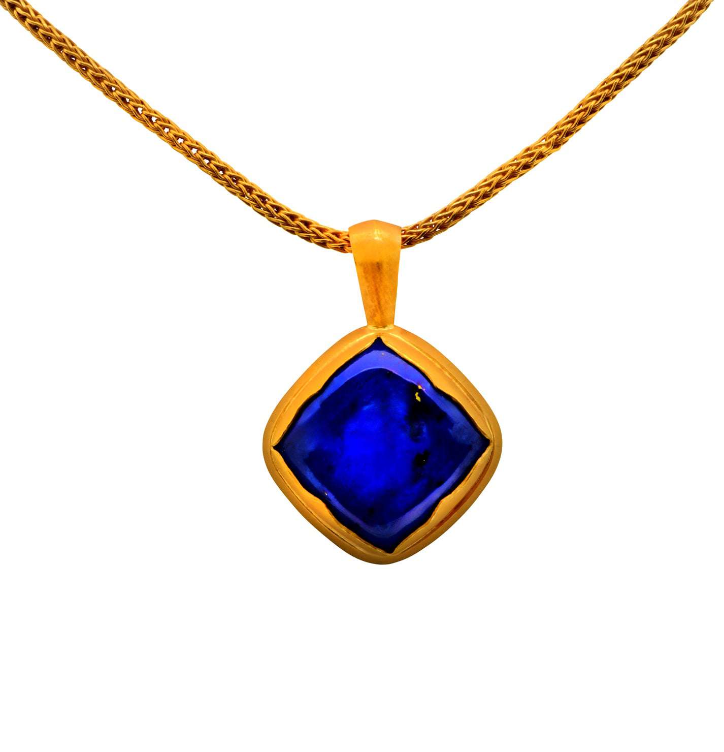Exquisite 22K Gold Lapis Lazuli Necklace from Vivid Diamonds, highlighting a radiant square lapis lazuli pendant, exemplifying luxurious statement jewelry craftsmanship.