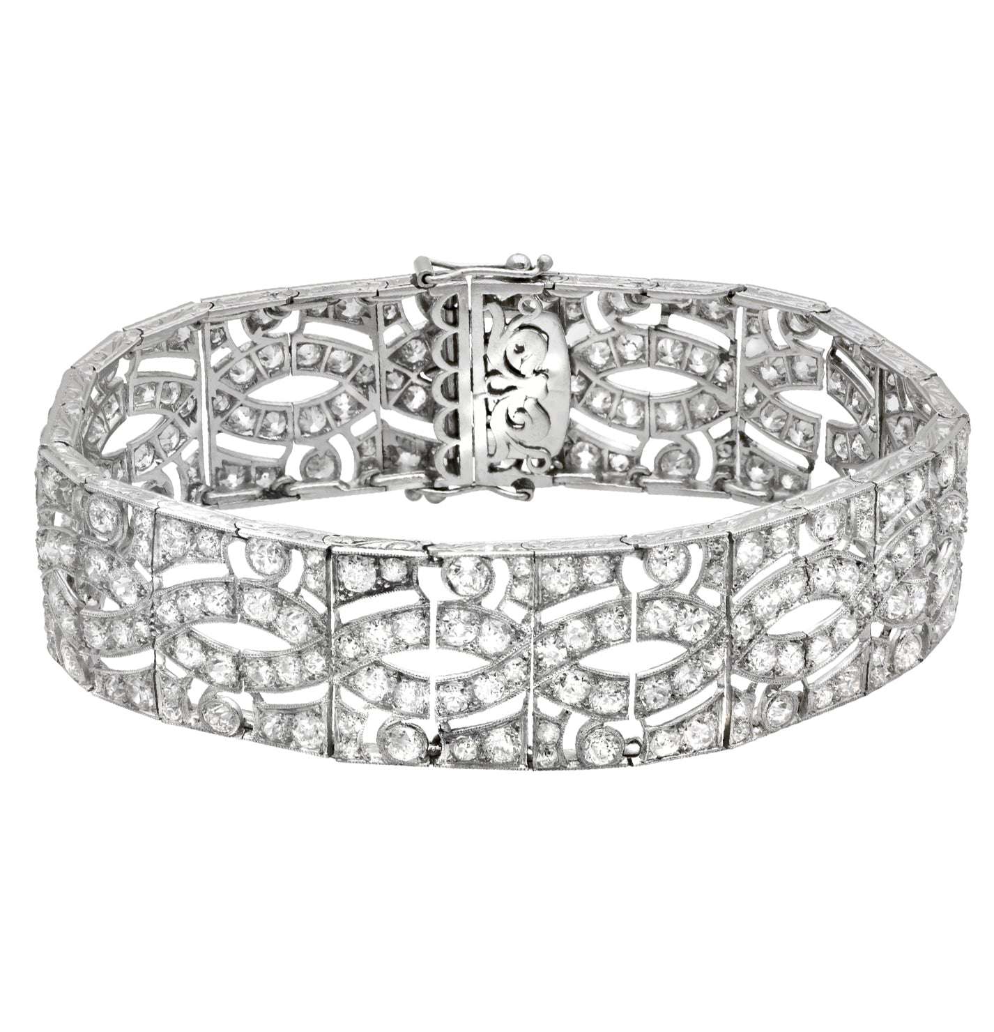 Stunning 11ct Platinum French-Style European Cut Diamond Bracelet by Vivid Diamonds, detailed view of the ornate design and brilliant diamonds.